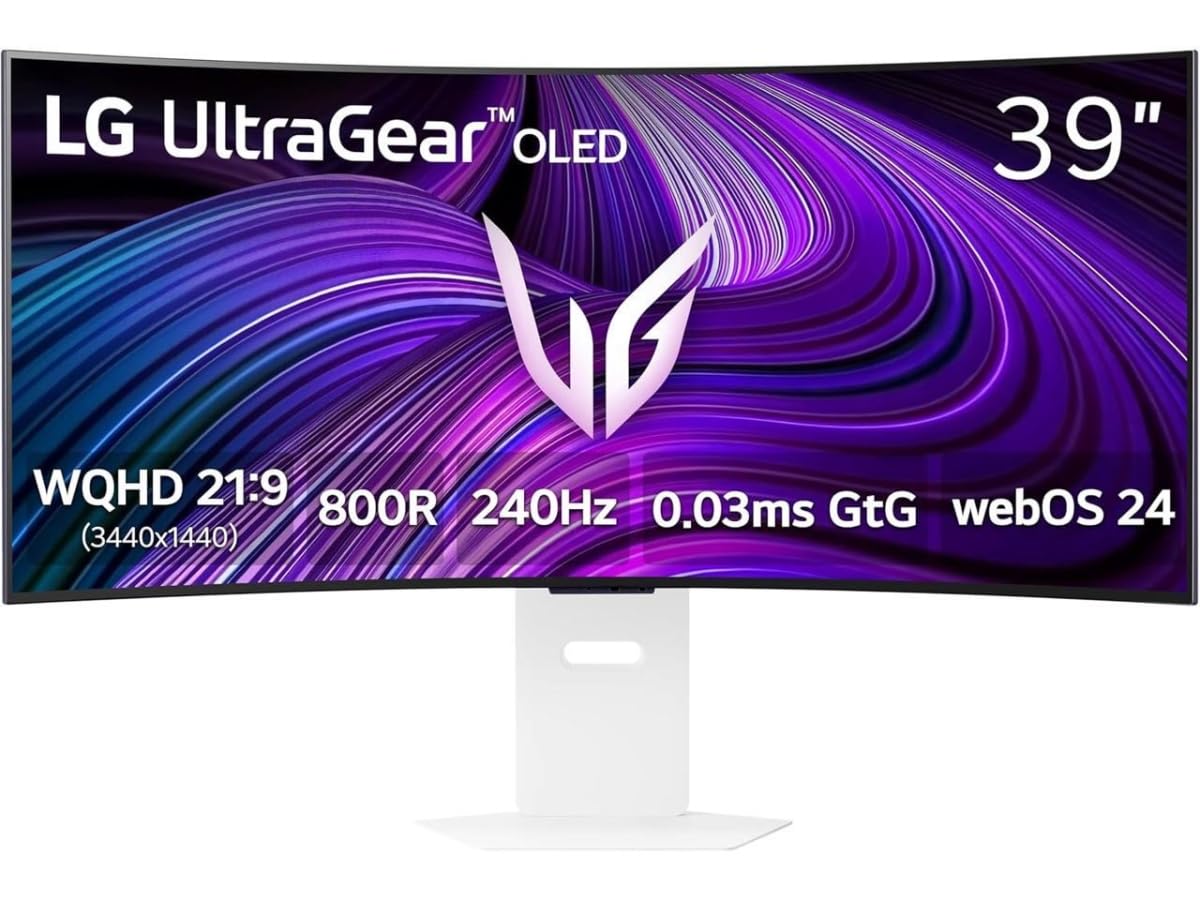 39GX90SA-W UltraGear 39″ WQHD (3440×1440) Curved Smart OLED Gaming Monitor with webOS, 240 Hz, 0.03 ms, NVIDIA G-SYNC Compatible, DisplayHDR True Black 400, HDMI 2.1/DP/USB