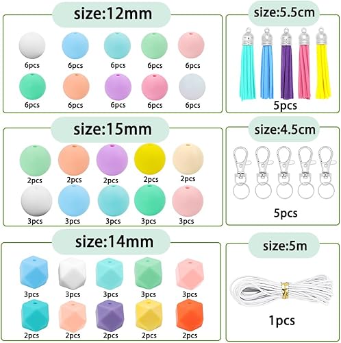 Miniatura 2 de 121 cuentas de silicona para kit de fabricación de llaveros, cuentas redondas de goma poligonal de 0.472 pulgadas, 0.559 pulgadas, cuentas sueltas