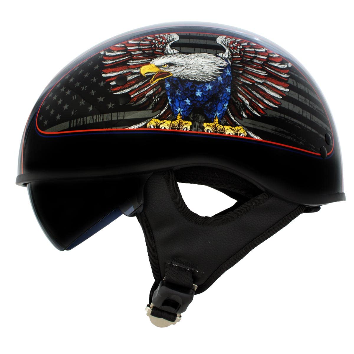 Milwaukee Leather Hot Leathers HLD1037 Gloss Black 'Up Wing Eagle USA' Advanced DOT Unisex Half Helmet with Drop Down Tinted Visor - Large