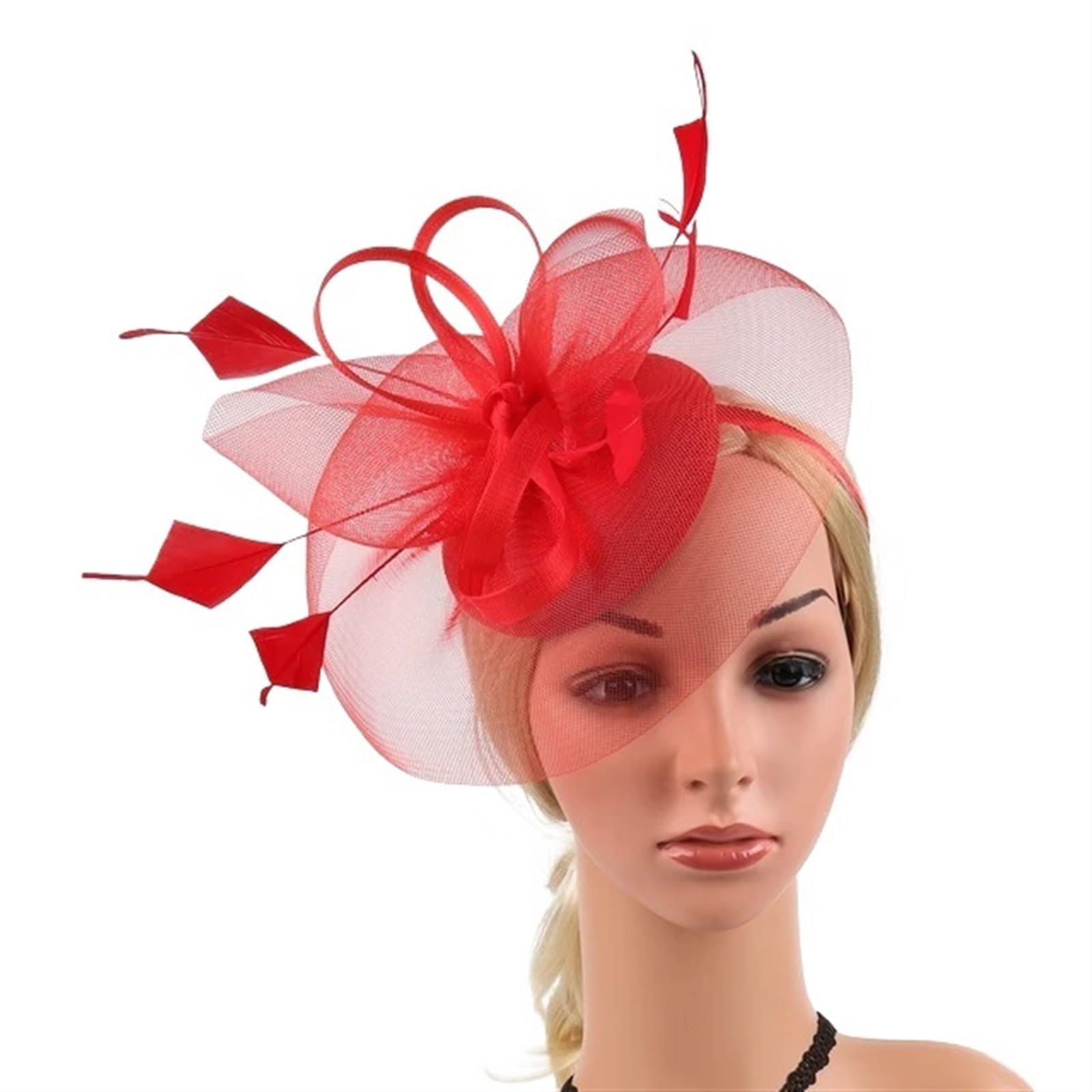UALXPAO Wedding Hats Women's Fascinator Hat With Feather Mesh Tea Party Hats for Tea Party,Weddings(Red)