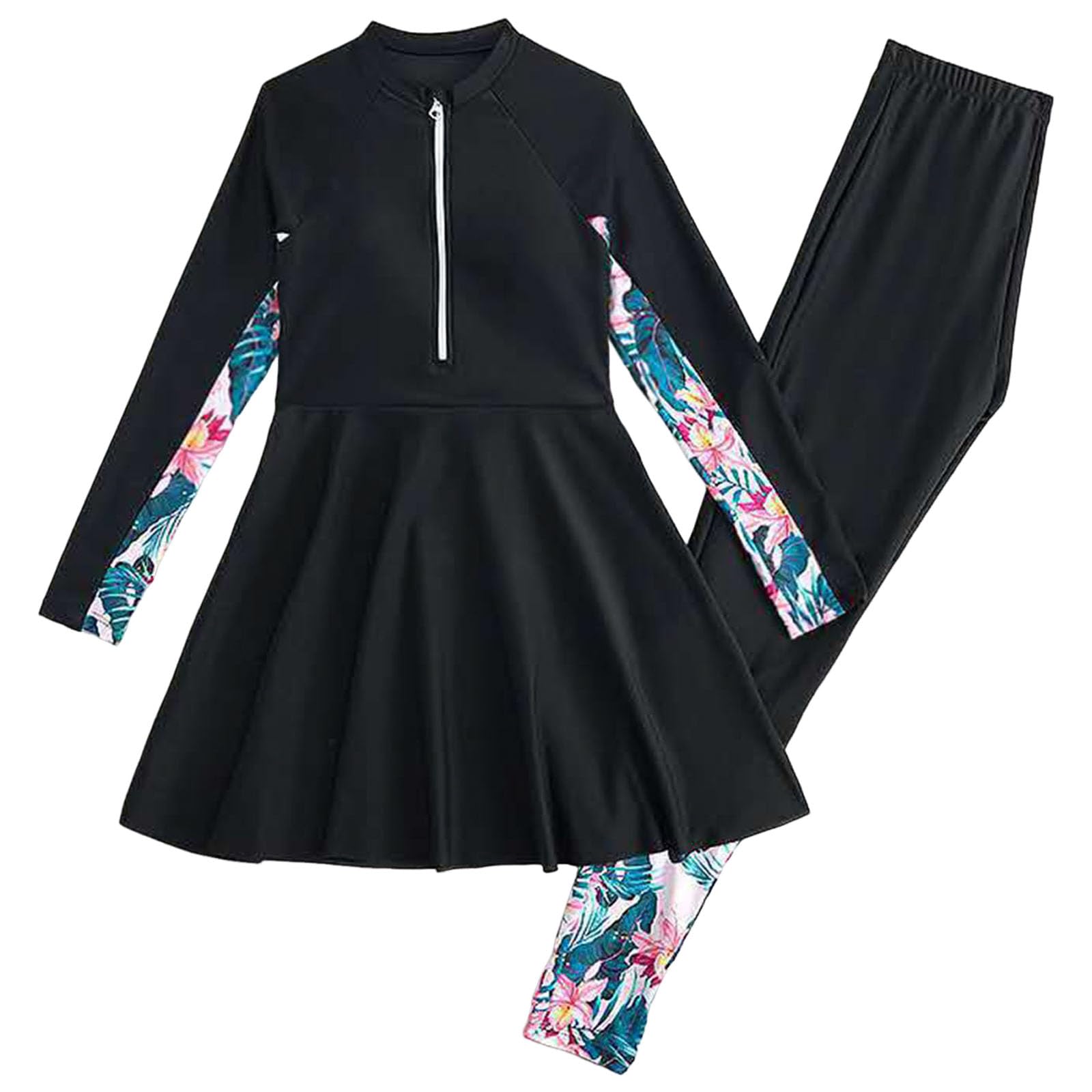 Generisch Mädchen Badeanzug mit Langen Ärmeln, 2 teiliges Set mit Rashguard, Badeanzüge für Teenager Schwimmanzug Damen Reißverschluss Cover Up Schwimmanzug Full Cover Langarm Top Hose