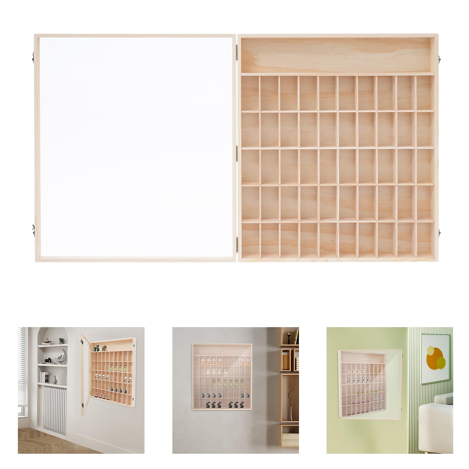 Vitrina de madera para minifiguras y figuras de acción, armario de vitrina montado en la pared con 50 compartimentos y puerta acrílica transparente, armario de colección a prueba de polvo para