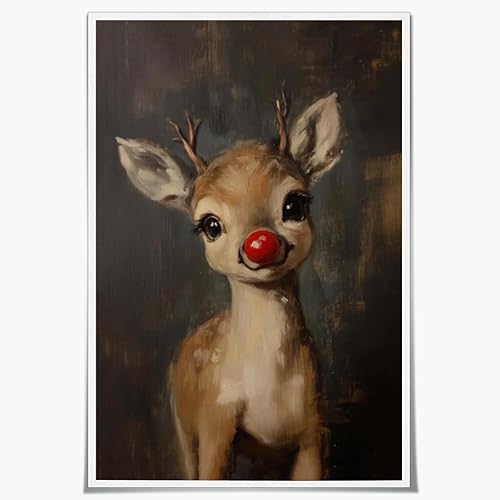 Miniatura 1 de Lienzo retro adorable de Navidad con diseño de reno de Rudolph the Red Nose Reindeer Poster Dark Academia Estética de Ciervo Caprichoso Estampado
