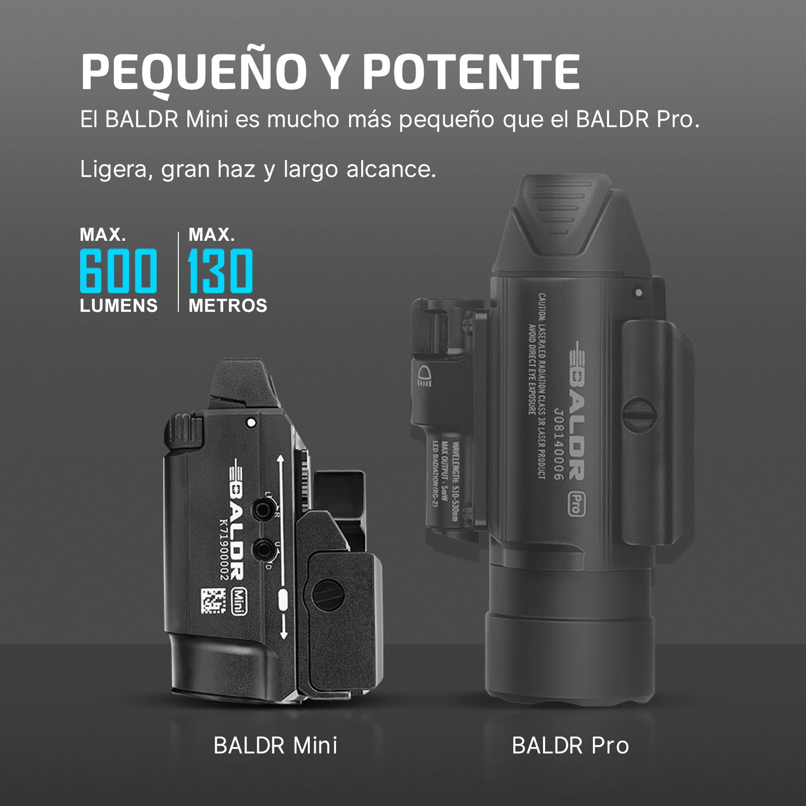 OLIGHT Baldr Mini Linterna Potente con Puntero de Haz Verde Ajustable 600 Lúmenes 130M 3 Modos con Riel Ajustable para Caza Compatible con Picatinny Rail y GL (Negro)