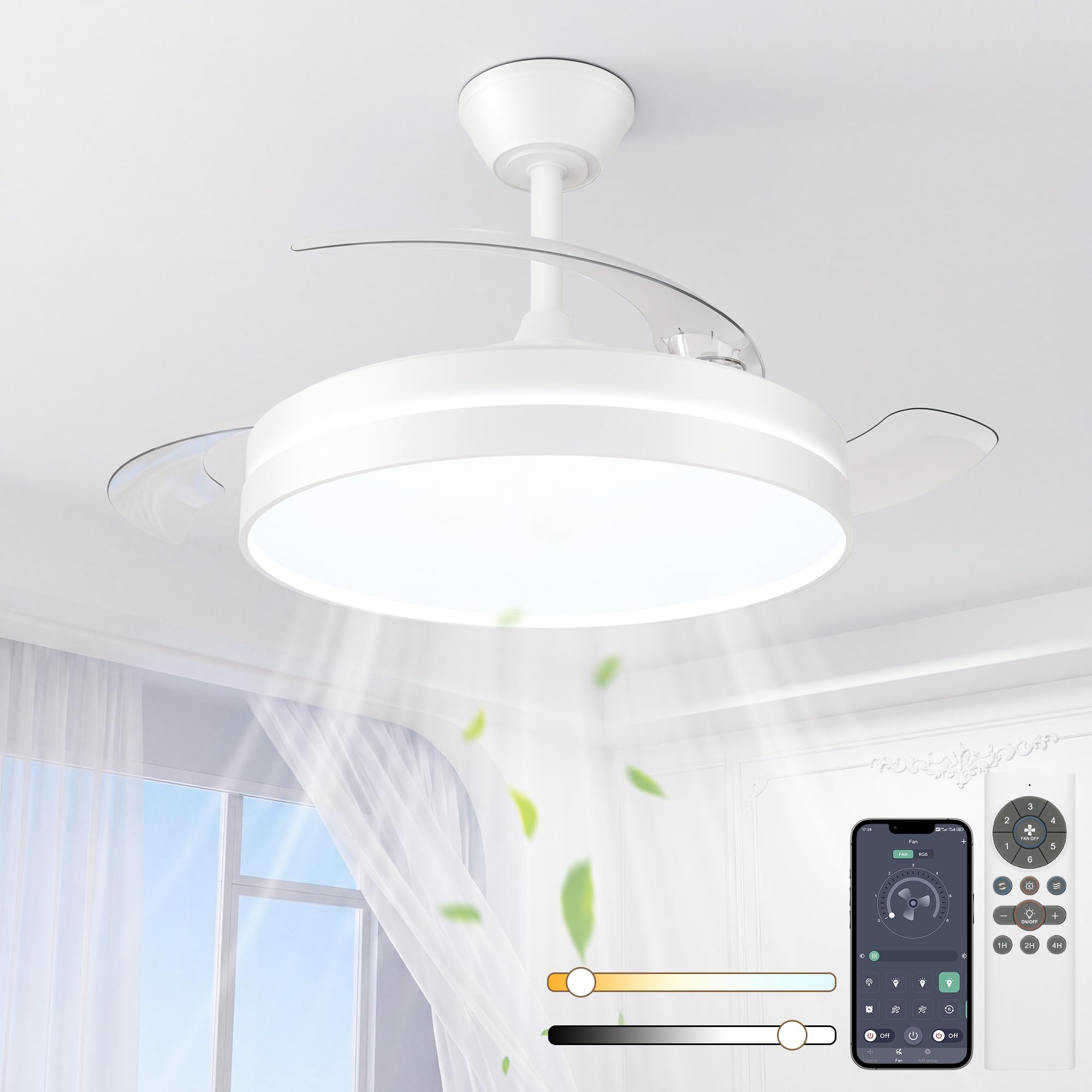 NIORSUN Ventilador de techo con luz,42" (106cm) Ventilador de techo,3 tonalidades, aspas desplegables, 40w 6 velocidades, APP&control remoto, Función Verano-Invierno,Blanco