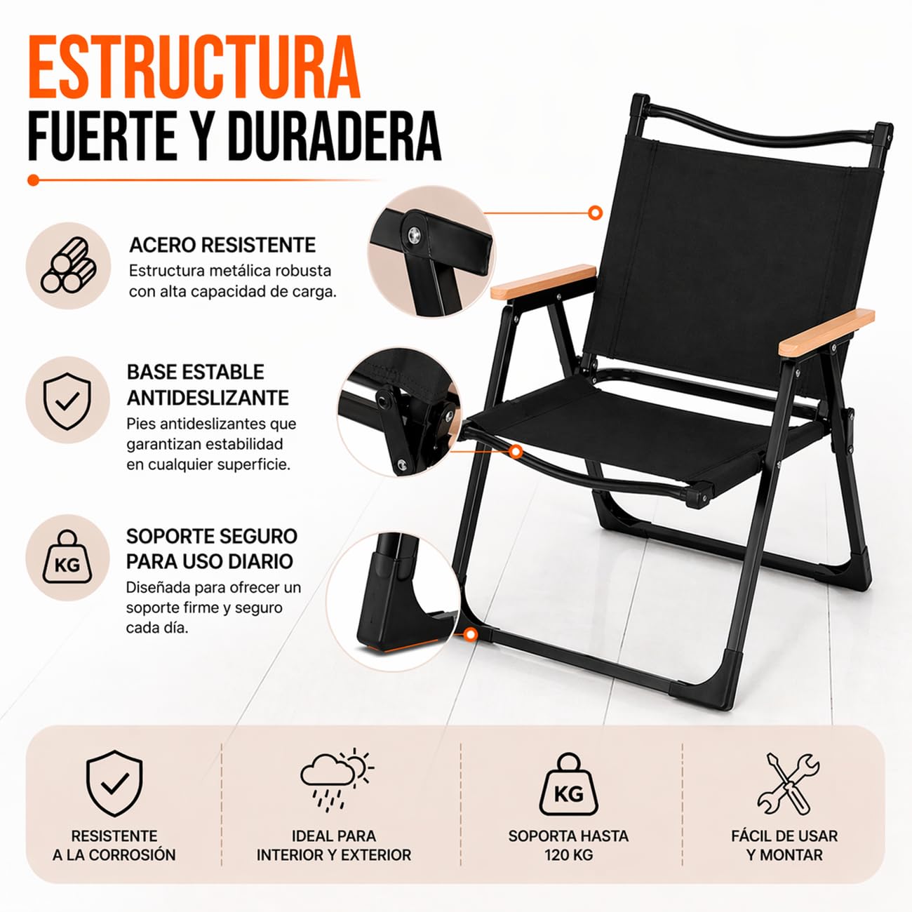 TIENDA EURASIA – Silla Plegable Camping | Pack 4 Uds | 47x53x76 cm | Estructura Metálica | Tejido Oxford Resistente | Portátil y Ligera | Reposabrazos de Madera | Ideal para Camping y Exterior (Negro)