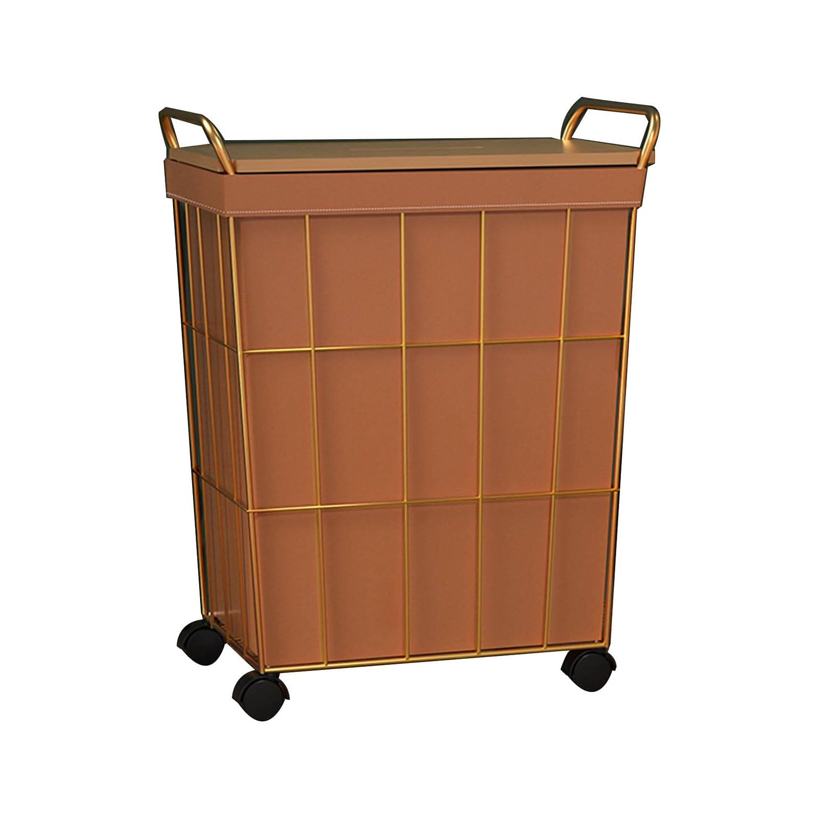 Kosz na Pranie Wasmand van ijzerdraad op wielen, rollende wasmand met lederen voeringzak en handvat, goudkleurige metalen frame wassorteerder met deksel voor slaapkamer Pojemnik
