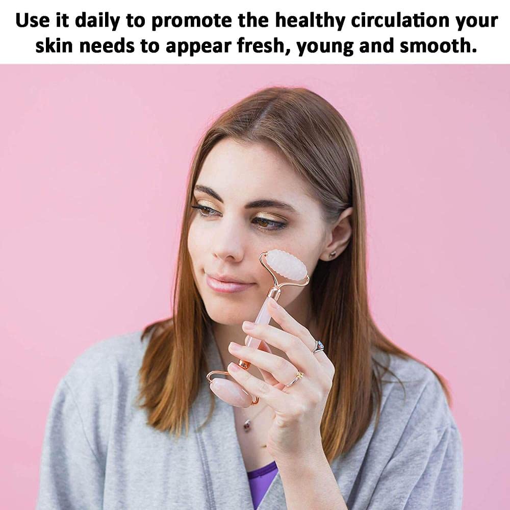 Juego de rodillos de cuarzo rosa con Gua Sha para rostro, natural, auténtico, masajeador de cristal facial, ojos, tonos, firmas, 2 unidades