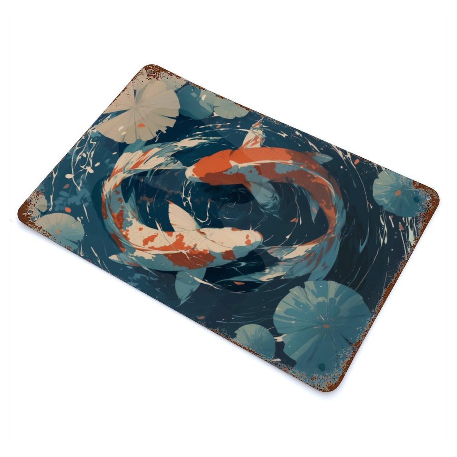Rust Effect Koi Fish Dance Weathered Tin Sign 11.8"x7.9", Shabby Chic Decor for Patio, Garden Room And Bar Decor