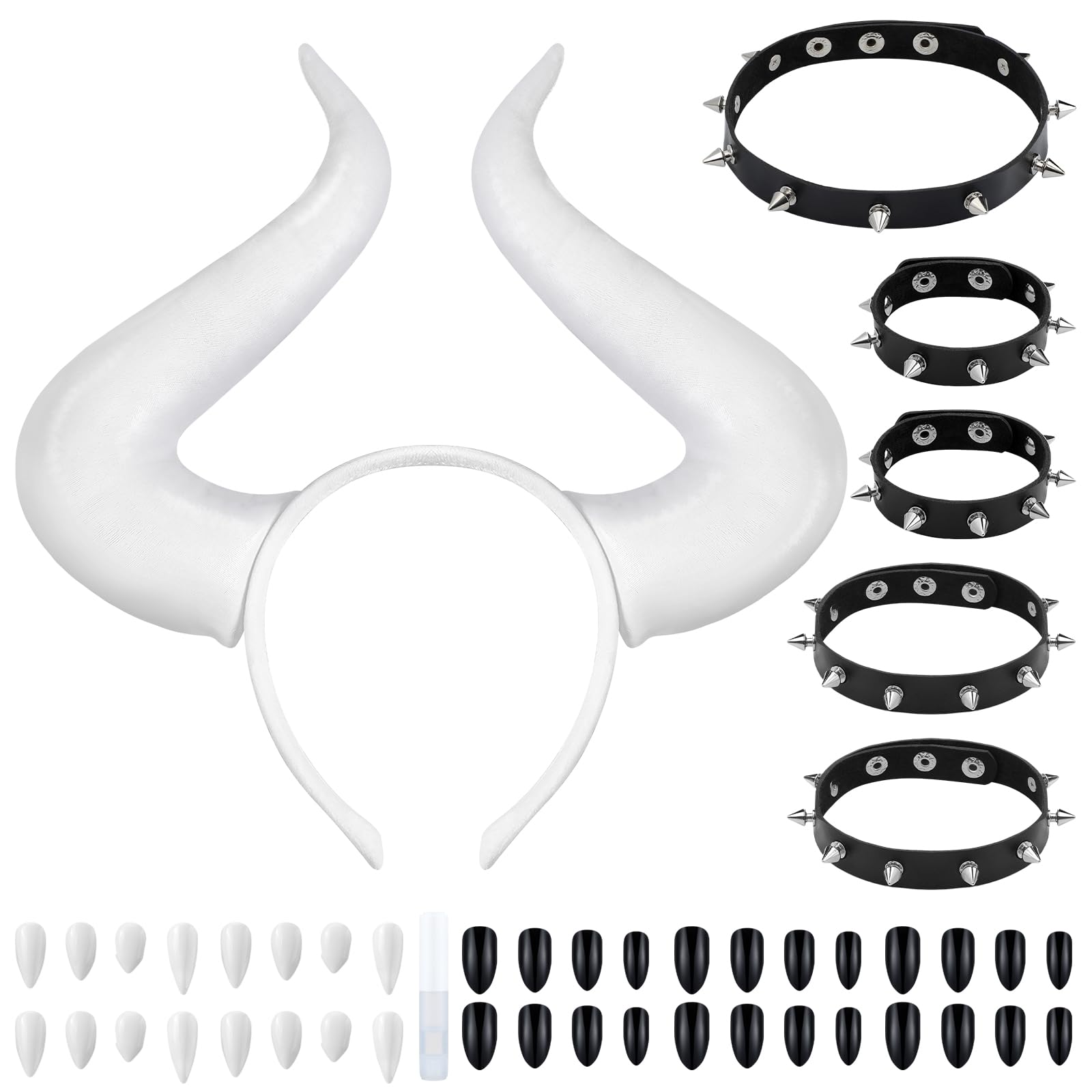 12 Pcs White Horns Halloween Cosplay Accessories Includes Horns Headband Spike Bracelet Leather Studded Bracelet Vampire Teeth Choker Cuff Fake Nails for Women Halloween Party Cosplay