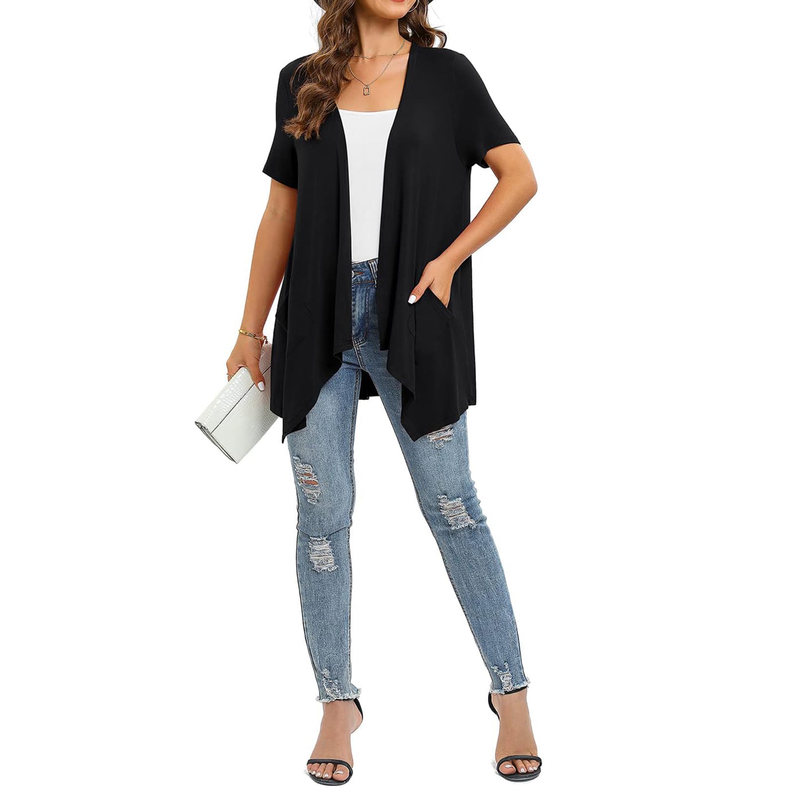 Cardigan Estivo da Donna, Manica Corta, Lungo, Lavorato A Maglia, Elegante, Casual, Leggero, Drappeggiato, Spolverino, Orlo Alto e Basso, Coprispalle.