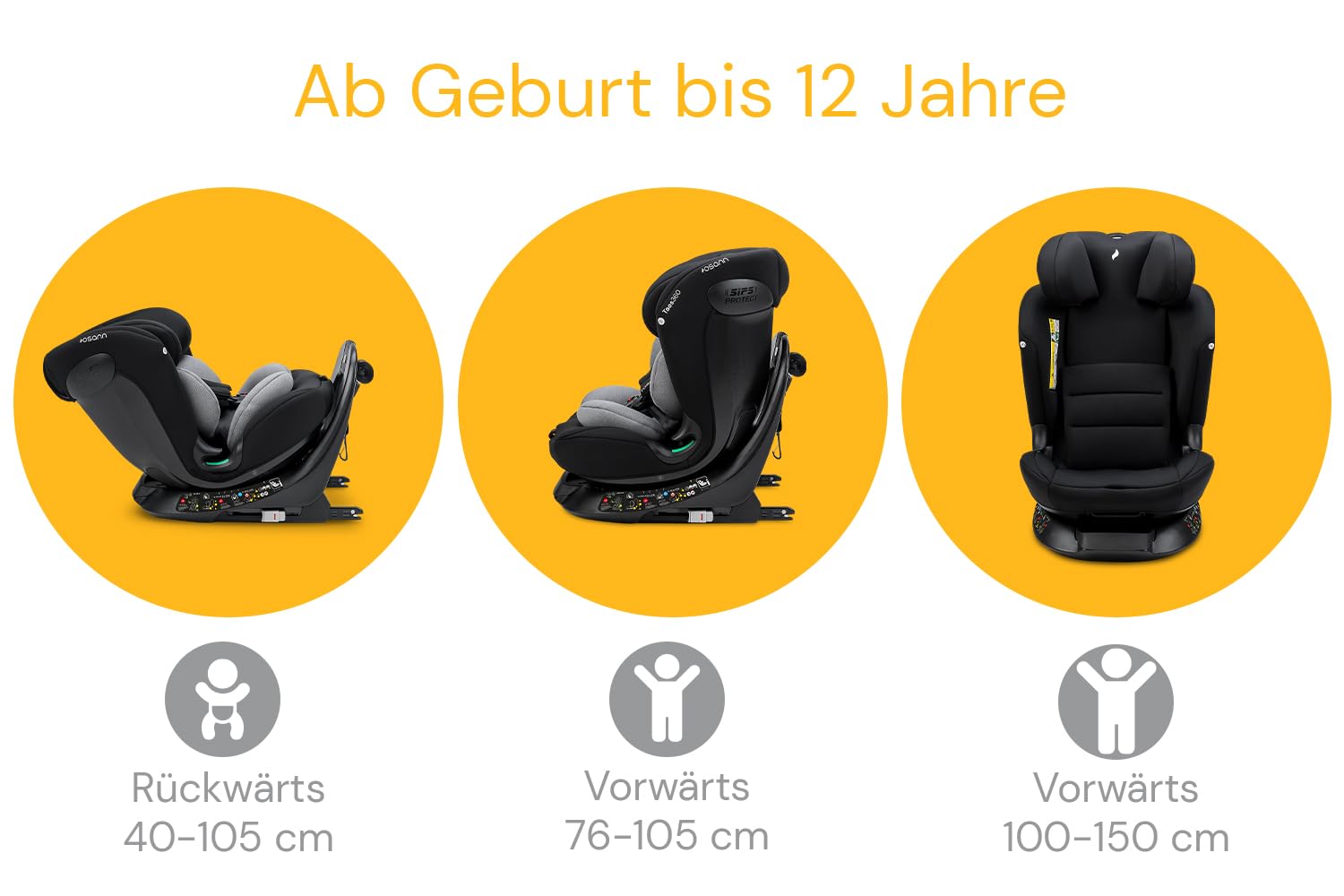 OSANN - Fotelik samochodowy dla niemowląt/dzieci Taos360 Obrotowy 360° Isofix i Top-Tether - 40-150 cm - 0 do 12 lat - Grupa 1/2/3 - Szary, 11 Wysokości, Tyłem/Przodem do kierunku jazdy