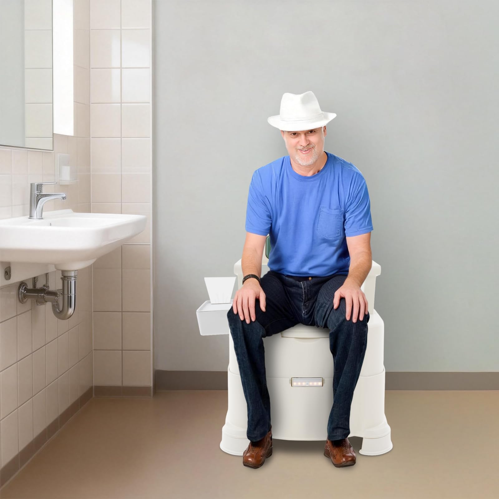 WC da campeggio portatile, con schienale e braccioli, WC portatile da viaggio con luce a sensore, secchio rimovibile, capacità di carico 100 kg, per campeggio, viaggi, camper