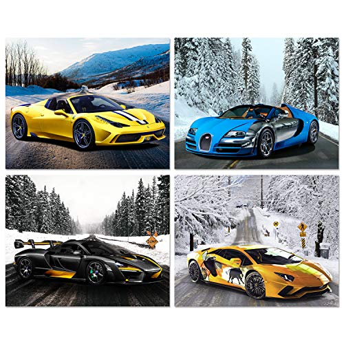 Car Posters - Mclaren P1, Ferrari 458, Bugatti Veyron, Lamborghini Aventador Sports Car Wall Art - Supercar Decor Set of 4 Unframed (8x10 inches) Exotic Supercars Pictures - Snow Theme
