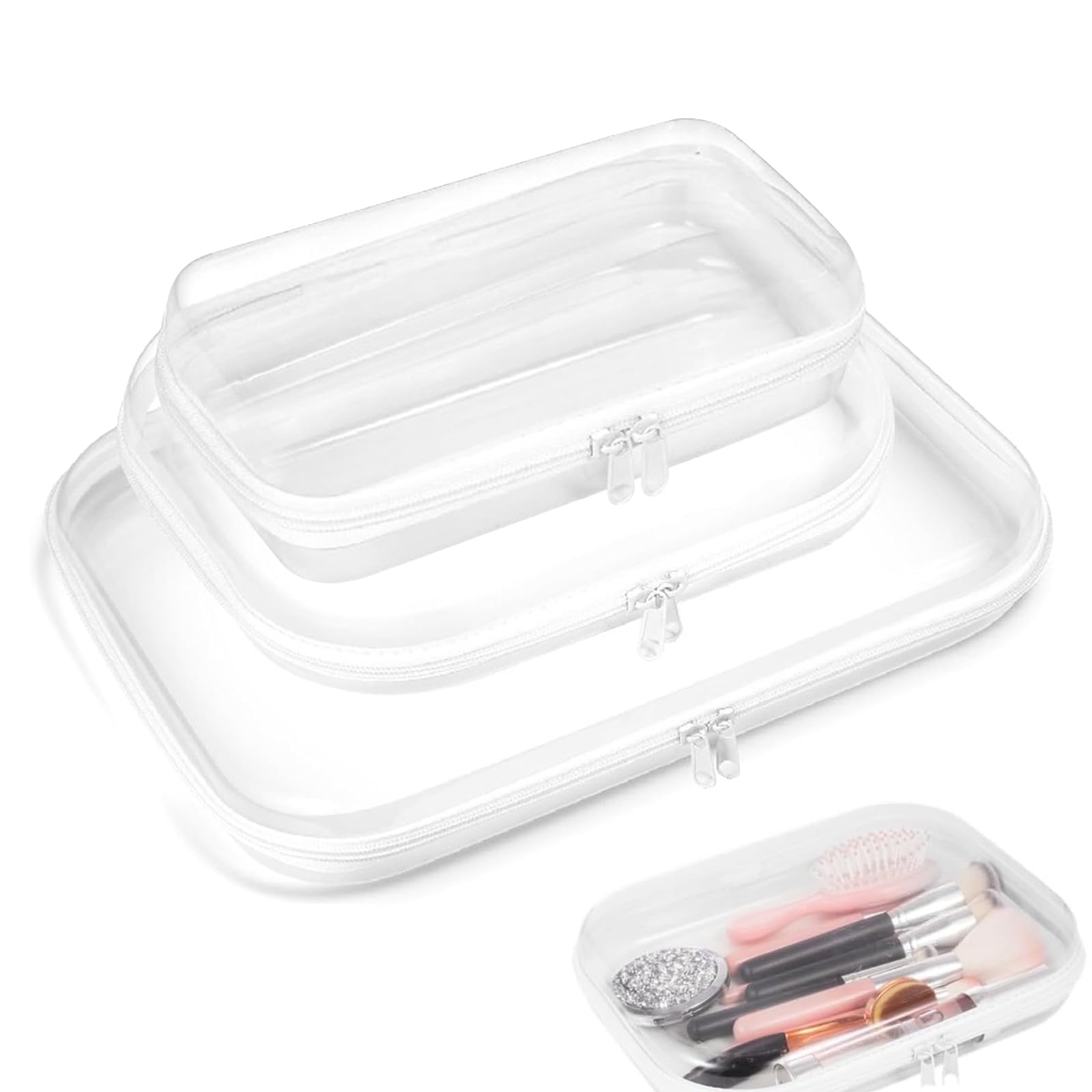 3 PCS Clear Hard Shell Zipper Case, Waterproof Toy Storage Bags Clear Zip Bags for Toys Travel Double Zippered Pencil Cases for Makeup Toiletries Building Blocks (L+M+S)
