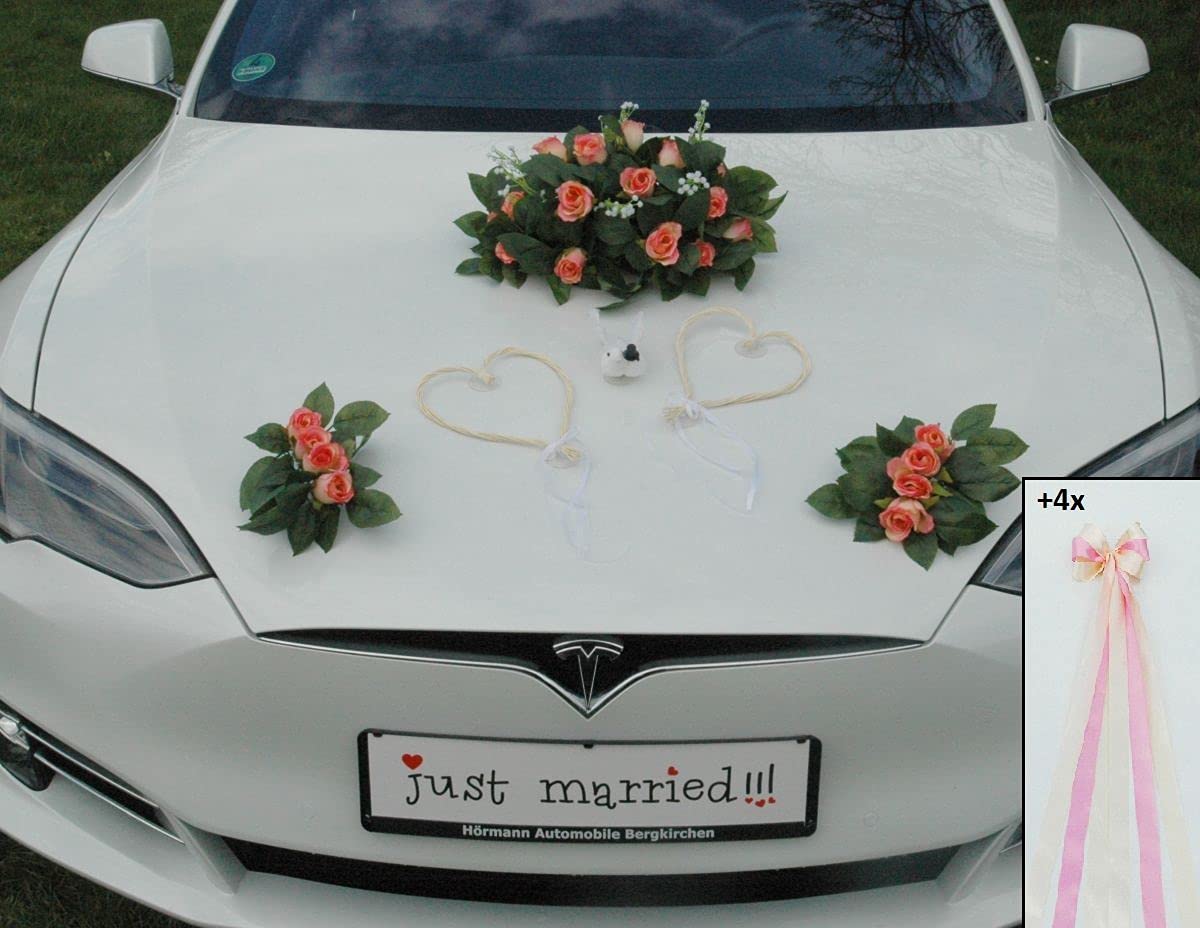 Véritable bouquet de roses - Décoration de voiture - Couple de roses - Colombes - Cœurs et colombes