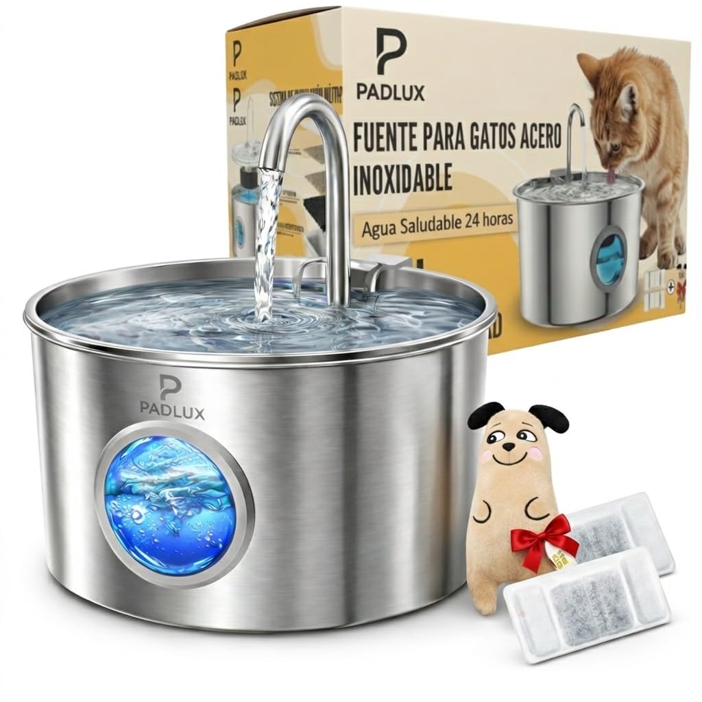 Fuente para Gatos de Acero Inoxidable 3,2L Automático – Bebedero Silencioso de Bajo Consumo con 2 Filtros y 3 Esponjas | Dispensador para Mascotas | Fuente de Agua para Gatos Premium