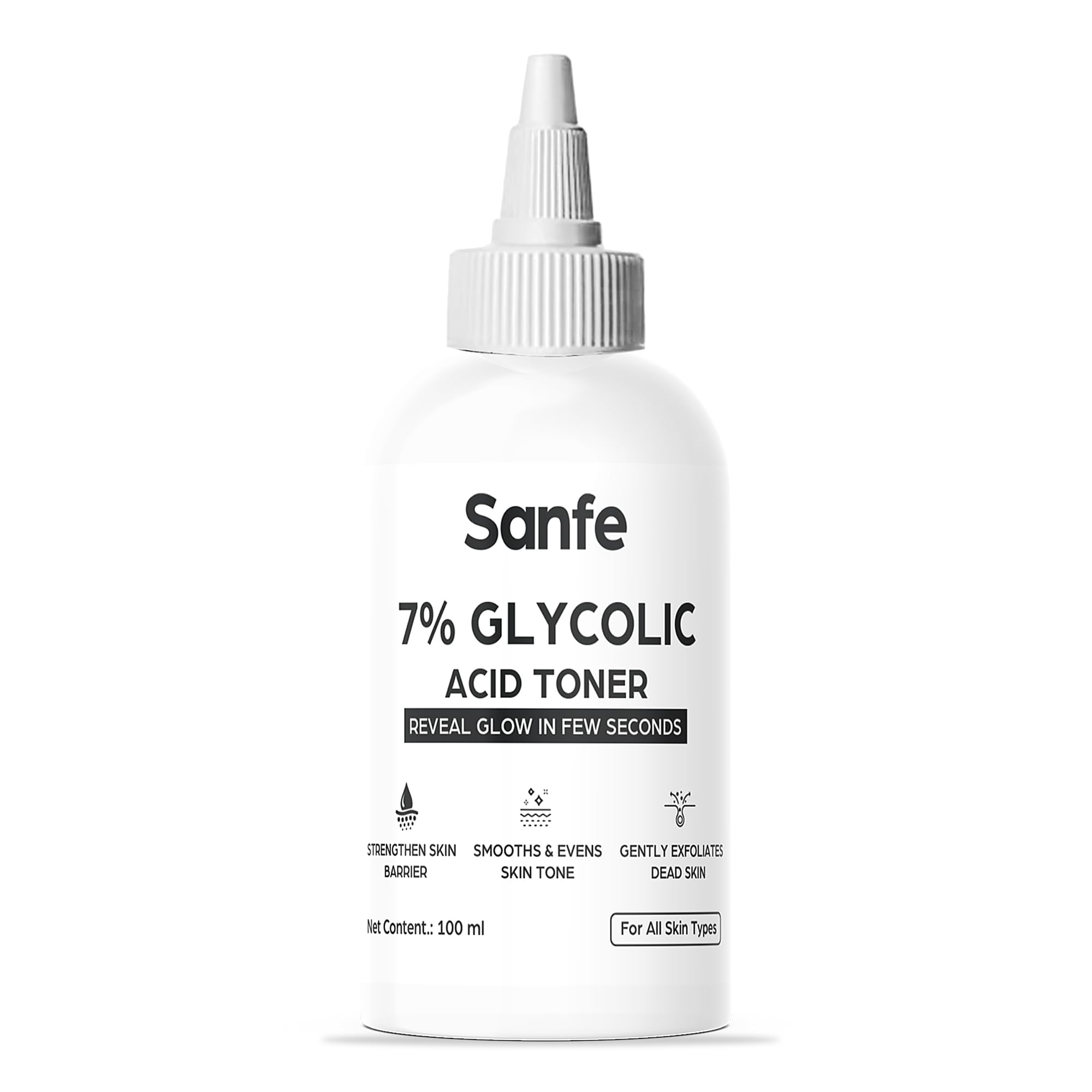 Sanfe Ordinary 7% Glycolic Acid Toner | Reveals glow in 30 seconds | Gently Exfoliates Even Tone Smooths Skin Texture Improvement Visible Clarity Reveal Radiant Skin | For Body, Face, Underarms & Scalp| 100 ml