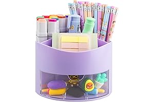 Rotating Pen Pencil Holder with Drawer and 5 Compartments