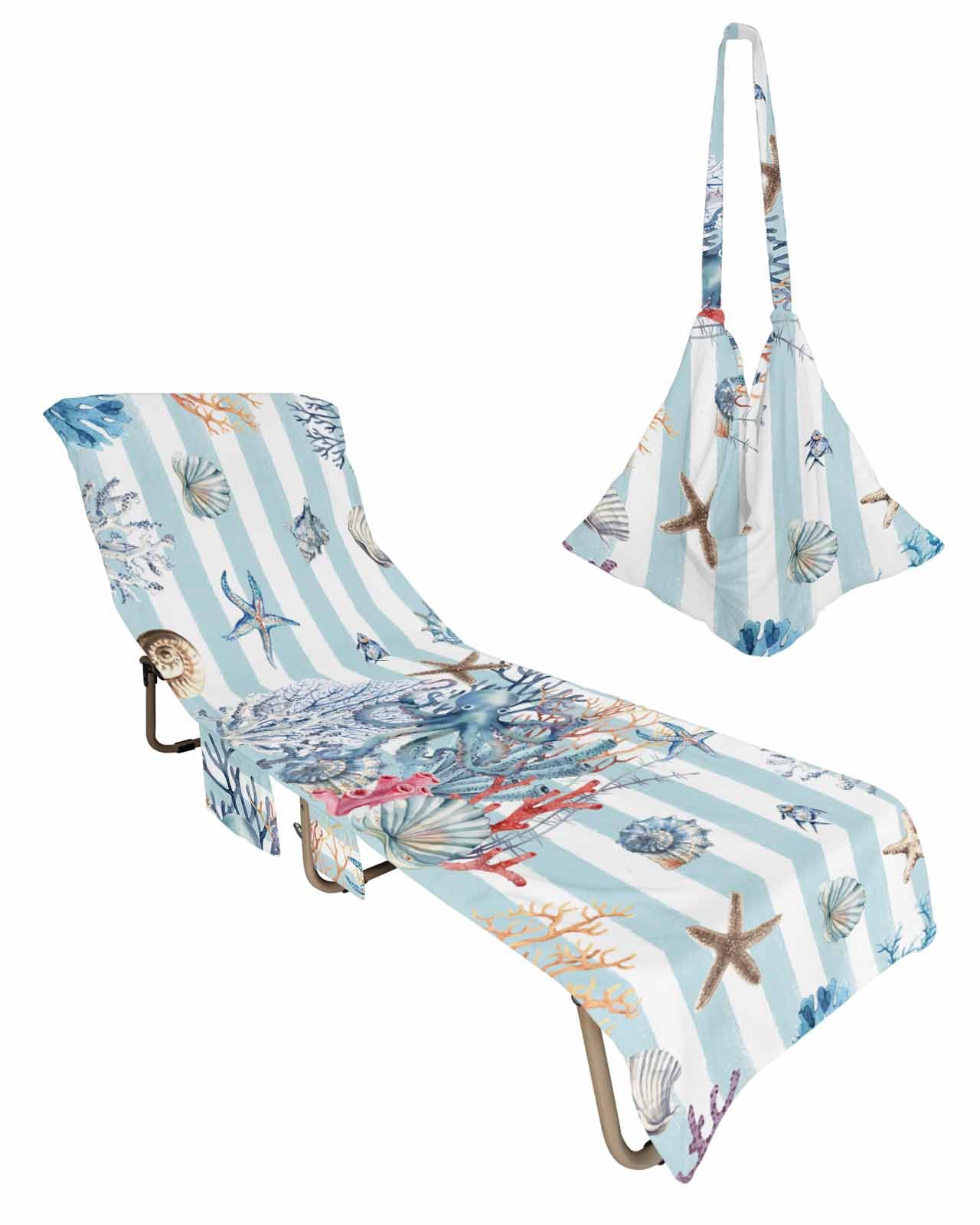 Coastal Octopus Beach Chair Cover with Side Pockets, Microfiber & Quick Dry Pool Chaise Lounge Chair Towels Covers for Sun Sunbathing Patio Garden Hotel, Ocean Blue Stripes Starfish Coral Shell Conch