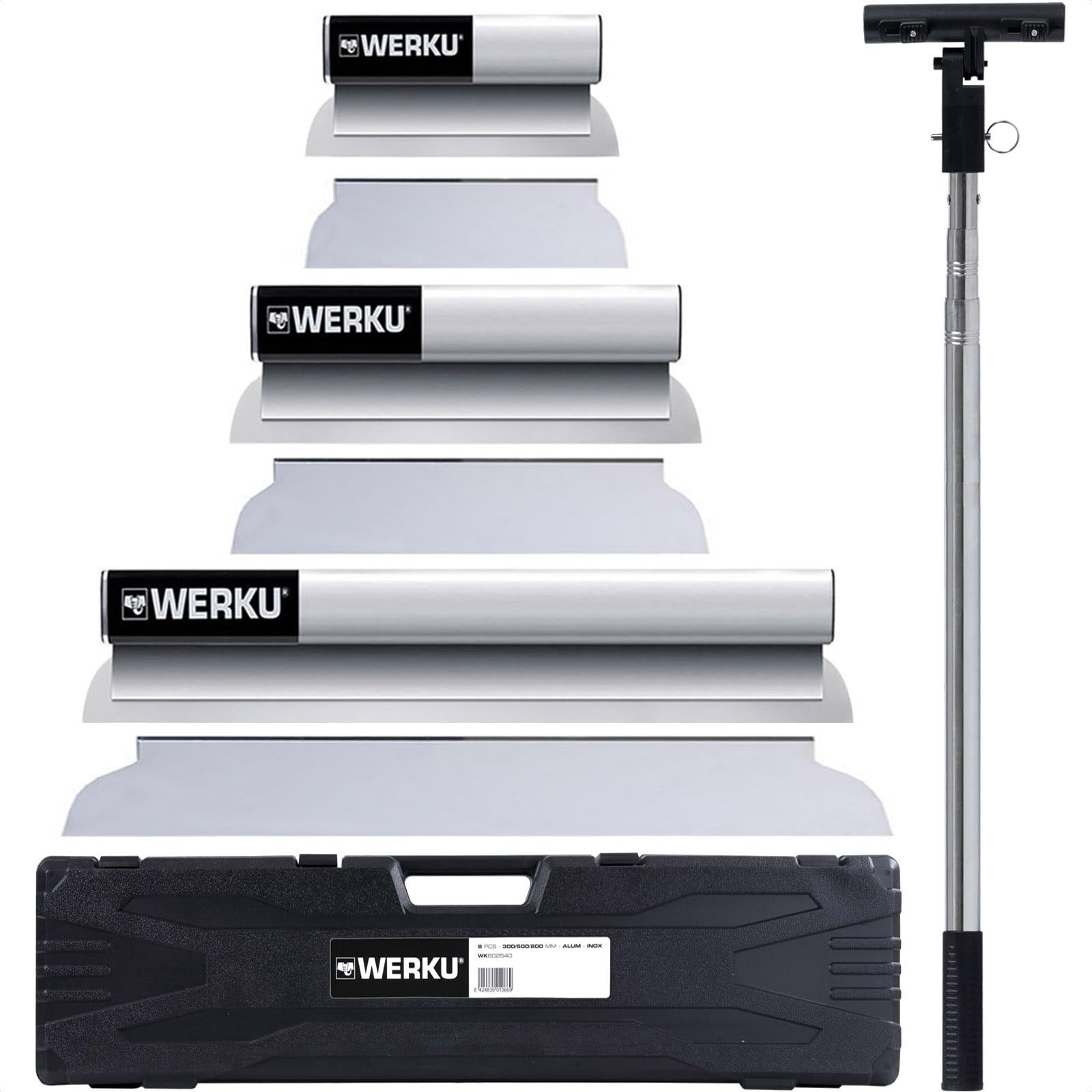 Werku WK602540, Jeu Couteaux Enduire Manche Extensible, Qualité Professionnelle, Longueur 300-500-800 mm, Comprend Étui, Manche Extensible et Tête Support