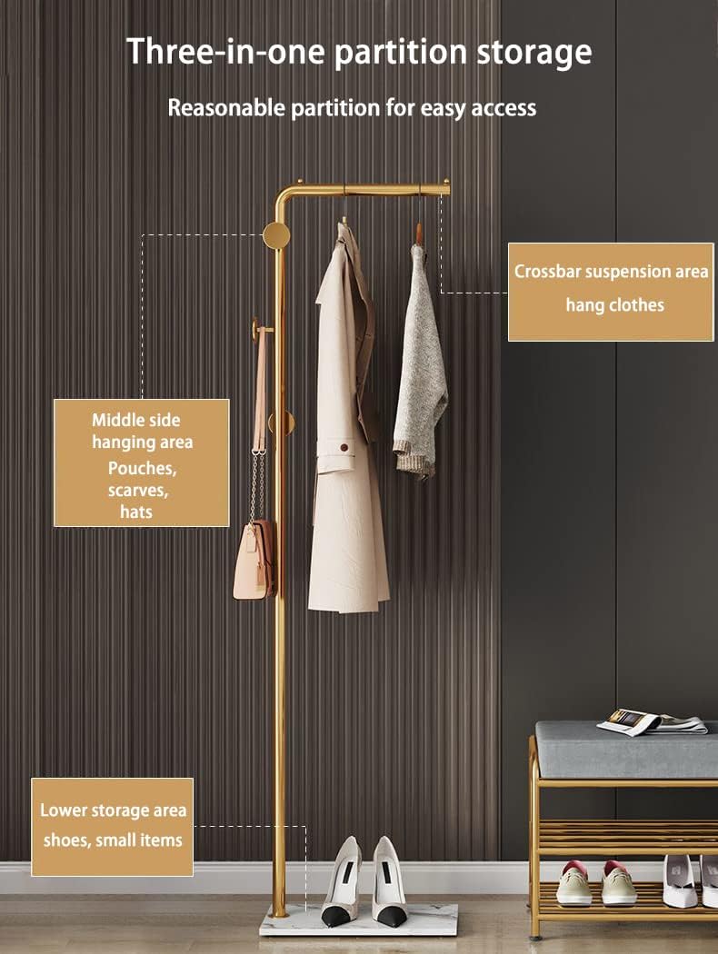 Coat Rack Stand, Gold Clothing Rack Freestanding with Satin Steel Finish and Natural Stable Marble Base, for Coats, Hats, Scarves, Clothes, and Handbags be Applicable Home Bedroom Hotel Hall