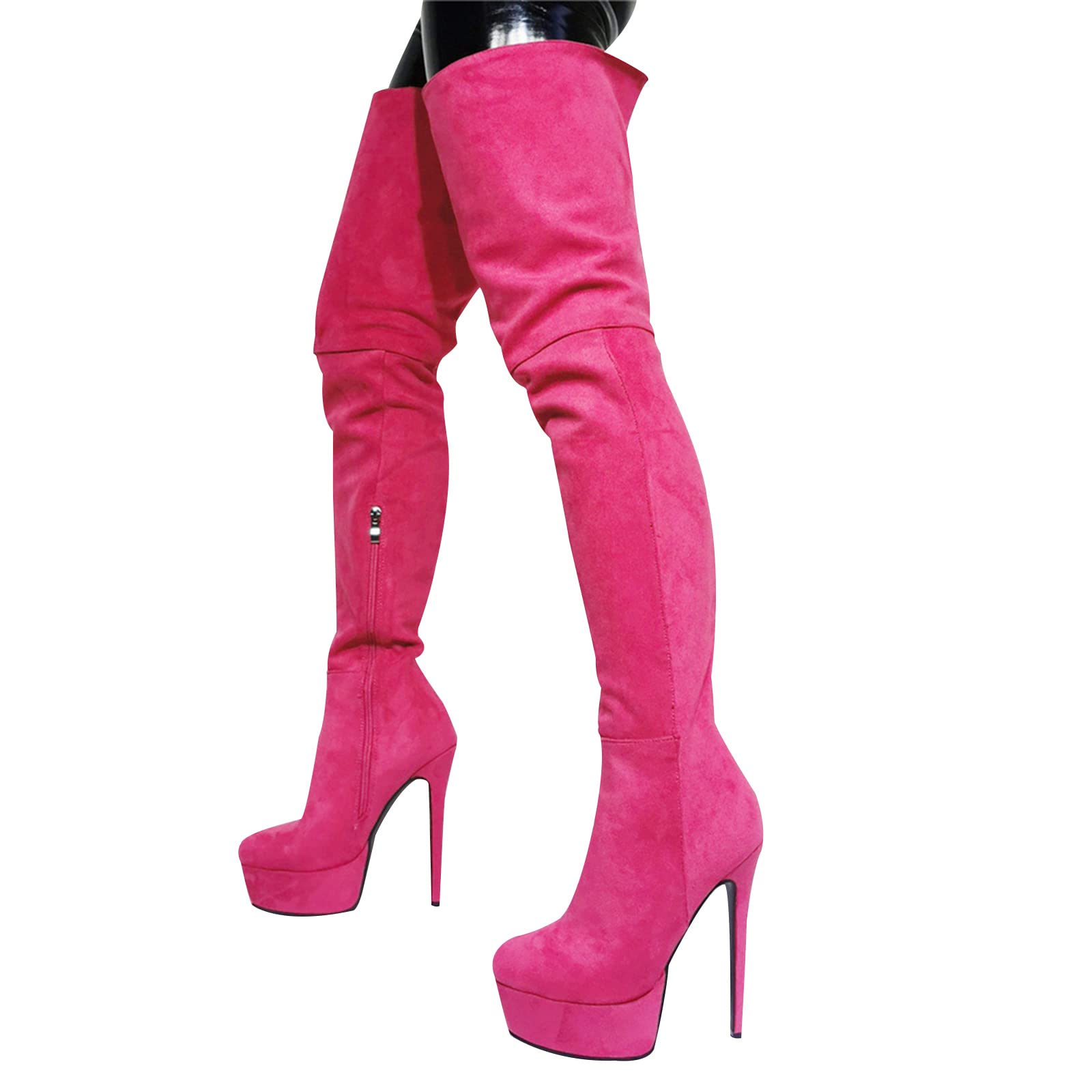 Yuhai Women's Pink Thigh High Over The Knee Boots Suede Round Toe Stretch Zip Up High Heel Riding Boot,-41(Uk7.5)