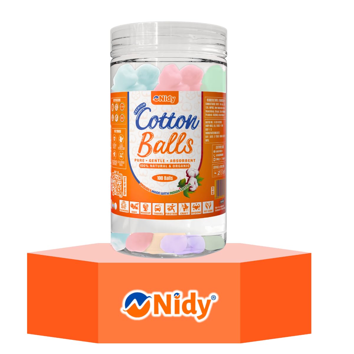NIDY® Multicolor Cotton Balls | Soft, Hygienic, Natural Cotton for Makeup, Baby Care, Skincare, DIY Crafts, Salons & Household (100 pcs in Reusable Airtight Jar)-image-44