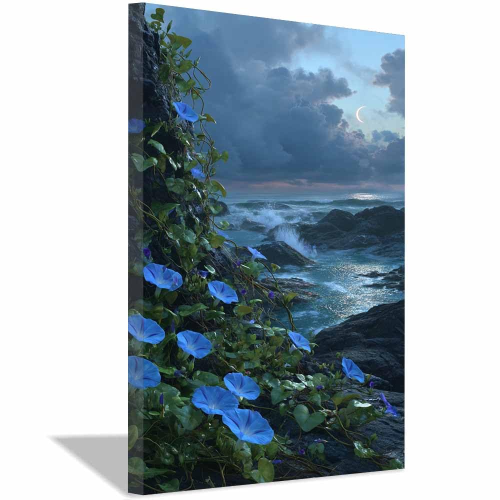 HOQIU Wall art for home decor Moonlit Ocean Morning Glories canvas artwork for wall, art prints, For living room, bedroom, bathroom, dining room, painting and decor.(Multicolor)-20x30cm Framed