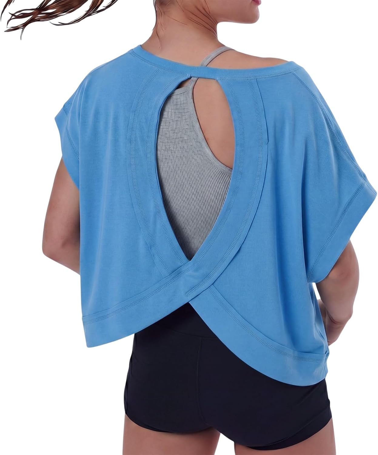 Women Open Back Workout Crop Tops Short Sleeve Athletic Backless T Shirts Loose Fit Running Gym Yoga Tees