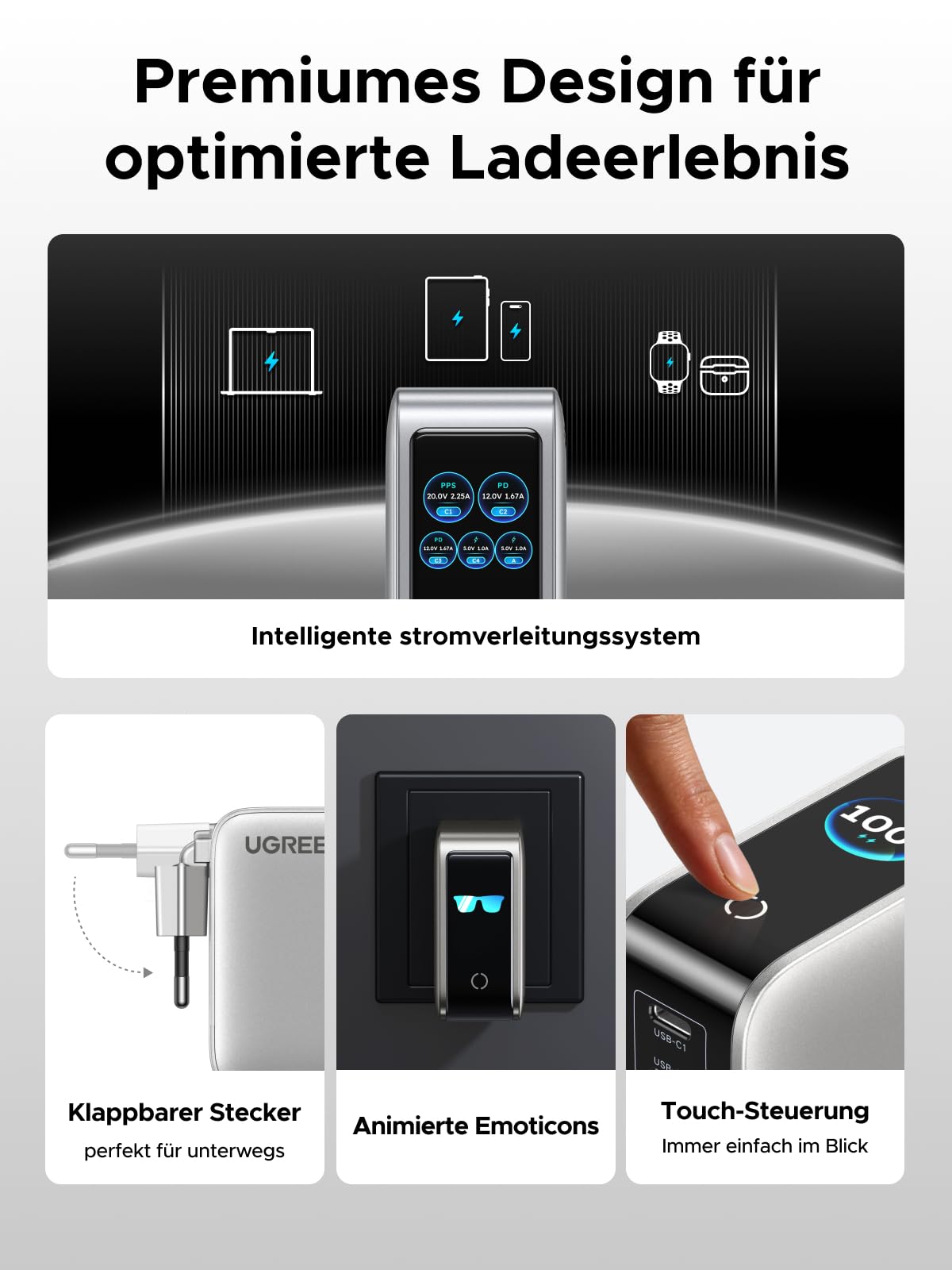 UGREEN Nexode Pro 100W USB C Ladegerät, GaN Netzteil 5-Port mit Smart Display & Touch Control, Laptop Charger PPS Schnellladegerät kompatibel mit MacBook Pro/Air/Neo, iPad, iPhone 17, Galaxy S26, S25