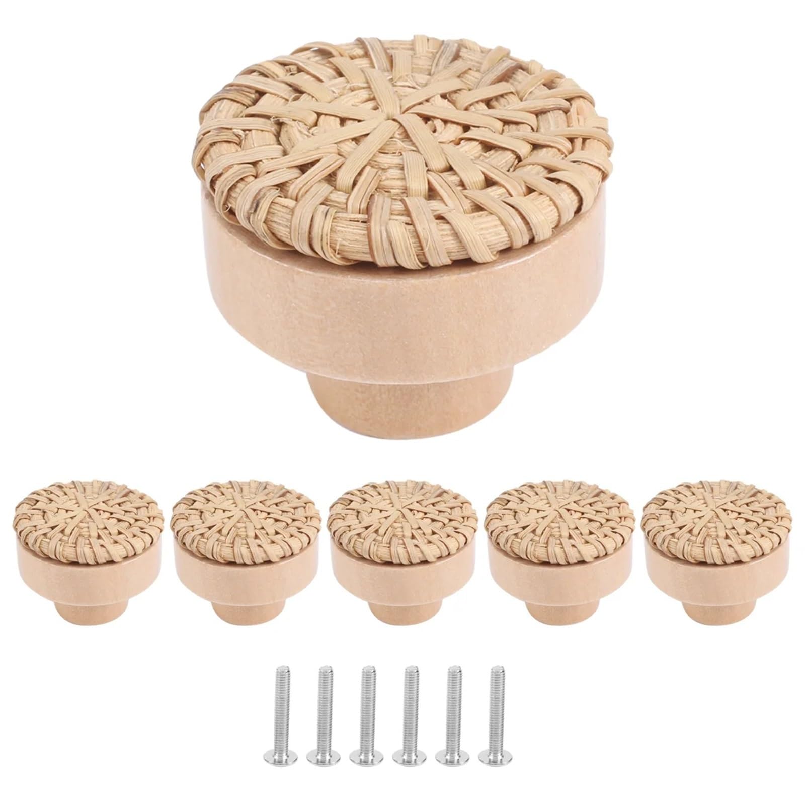 Lsnnmu One Color 6Pcs Rattan Dresser Knobs Round Wooden Drawer Handmade Wicker Woven And Screws For Furniture For Home