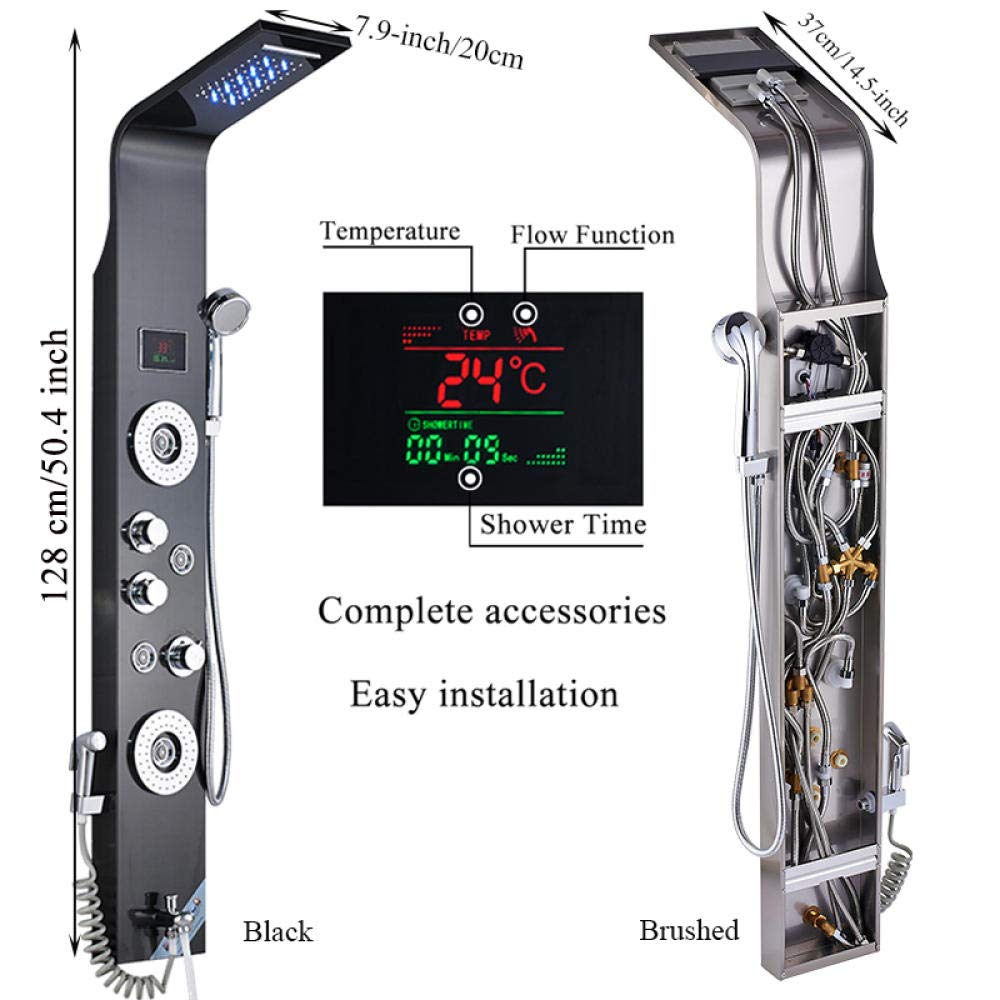 Bateria łazienkowa do łazienki, panel prysznicowy LED, bateria wannowa z prysznicem ręcznym, ekran temperatury - czarny (B(Black B)