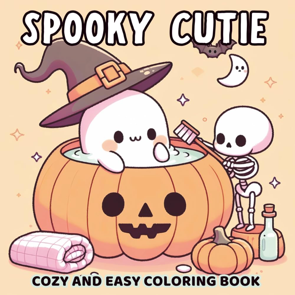Spooky Cutie: Cozy and Easy Coloring Book with Adorable Ghosts, Cute Witches, Pumpkins, Cats Enjoying Fun Halloween Adventures for Teens & Adults