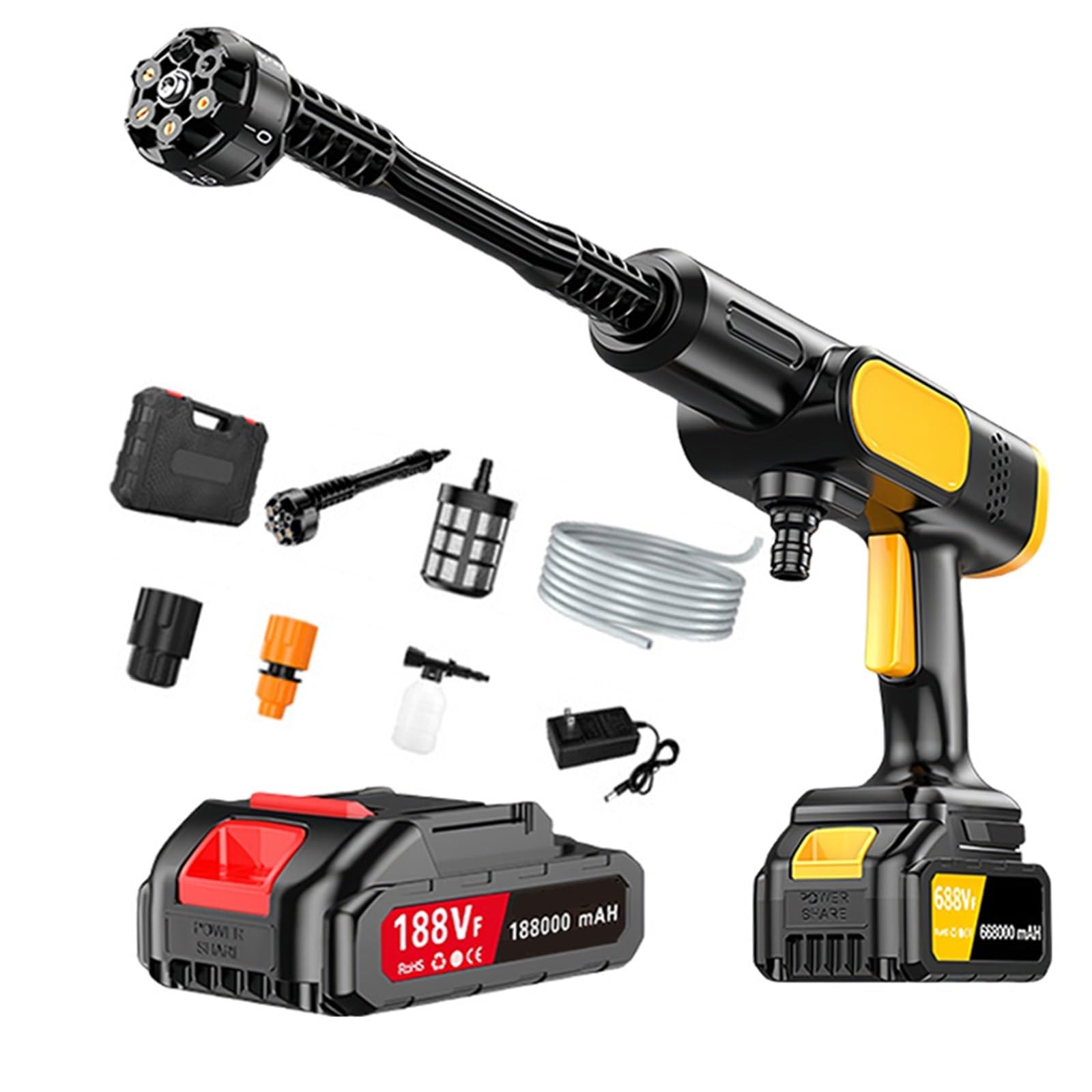 Bezprzewodowy pistolet do myjki ciśnieniowej, mobilna myjka wysokociśnieniowa z wężem 5 m dyszą 6 w 1 bezprzewodowym pistoletem Hydro Blast(5-cell lithium battery*1)