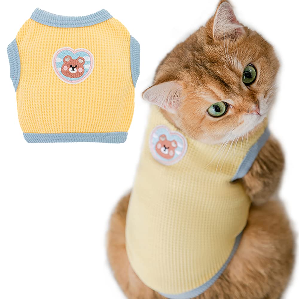 Senlunek Dog Cotton T-Shirt ,Spring Summer Bear Pattern Dog Cat Shirt Dog Vest, Super Soft Stretchable Doggy Tee Tank Top Sleeveless, Fashion & Cute for Boys and Girls,Puppy Kitten Small Pet (Small, Yellow) - Small Yellow