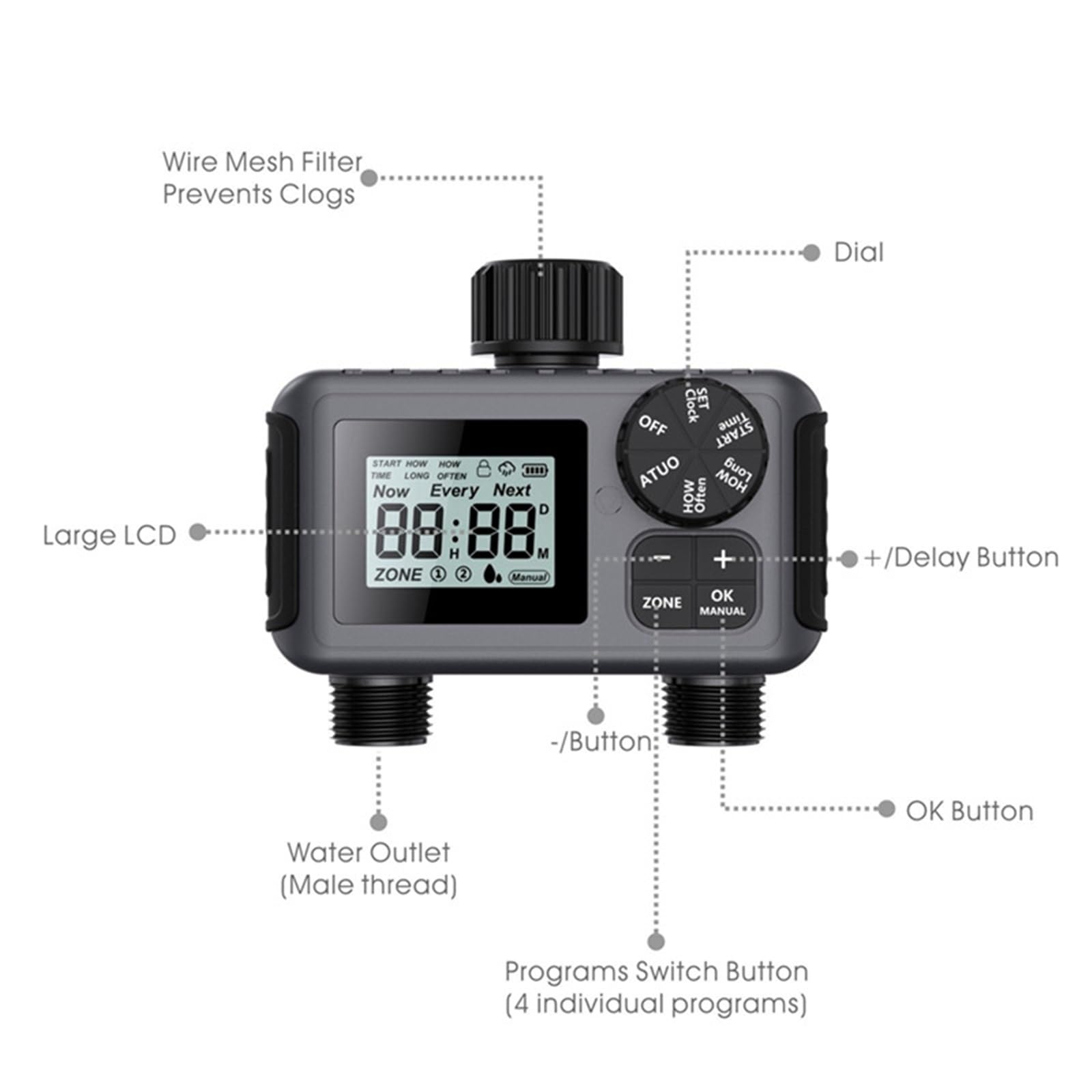 1 pz A36T-2-Way Timer di irrigazione programmabile for serra, di irrigazione automatico for prato con rubinetto for tubo flessibile e valvola di controllo a goccia BSP3