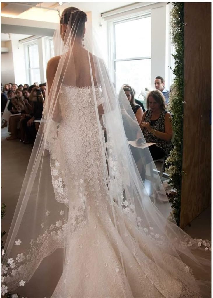Bridal Veil 3D Flowers Long Wedding Veil Mantilla Wedding Accessories Appliques with Lace Flowers(OneColor)