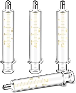 4 Pack 20ml Reusable Glass Syringe with No Needle, Measurement and Dispensing Syringe Tools for Science Labs, Liquid Measuring, Feeding Pets, Oil or Glue Applicator
