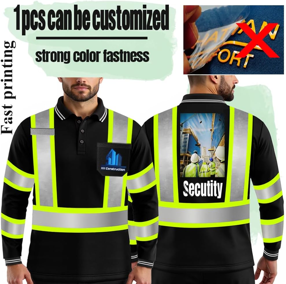 High Visibility Safety Shirts Customize Your Logo Reflective Long Sleeve Work Polo Shirts with Pocket - Image 4