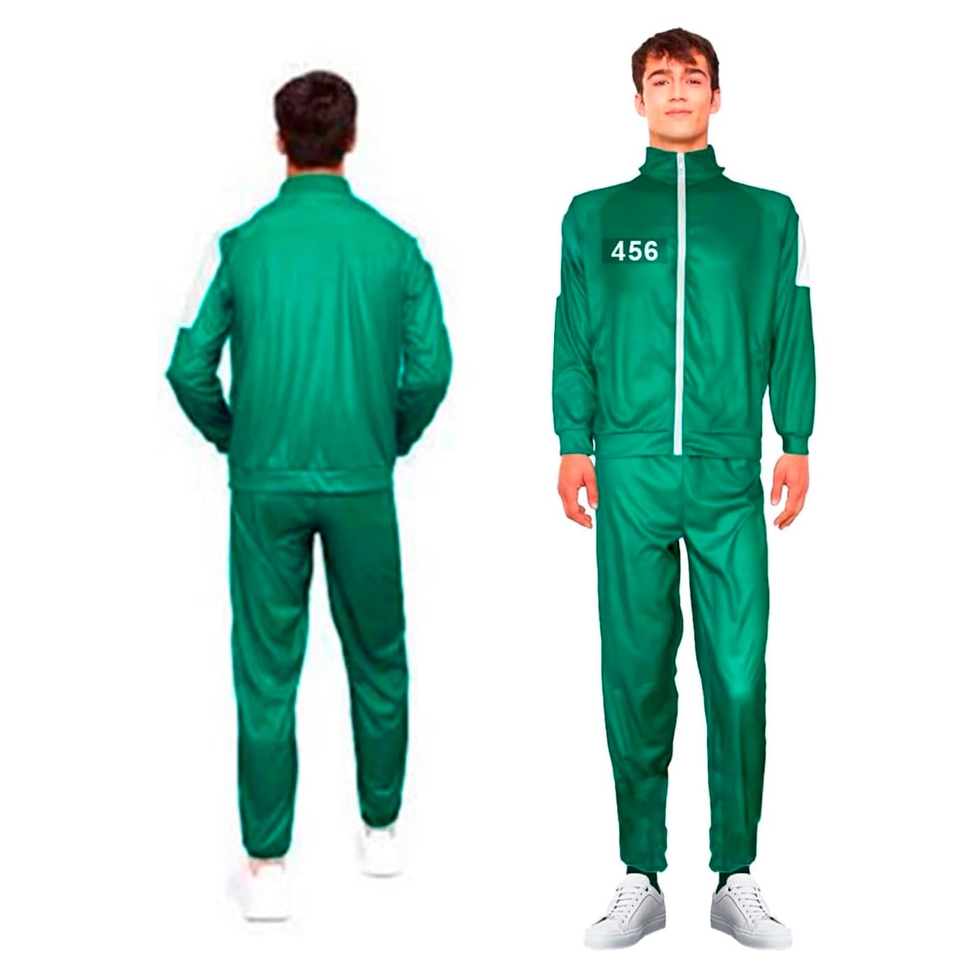 Acan Tradineur - Disfraz de chándal verde y rayas blancas con números - Inspirado de la serie Calamar - Números adhesivos (001, 067, 456 y 218) - Ideal para carnaval - Talla S