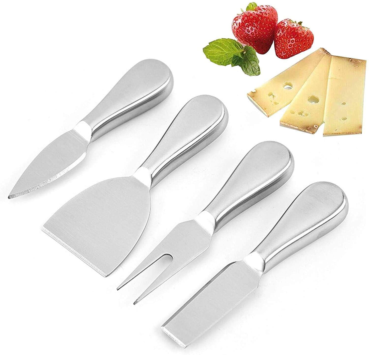 Cheese Knives, Steel Stainless Cheese Slicer Cheese Cutter Spreader Fork, Light Weight One-Piece Silver Design, Cheese Knives Perfect Gifts for Charcuterie Board (silver(4 Pieces Set))