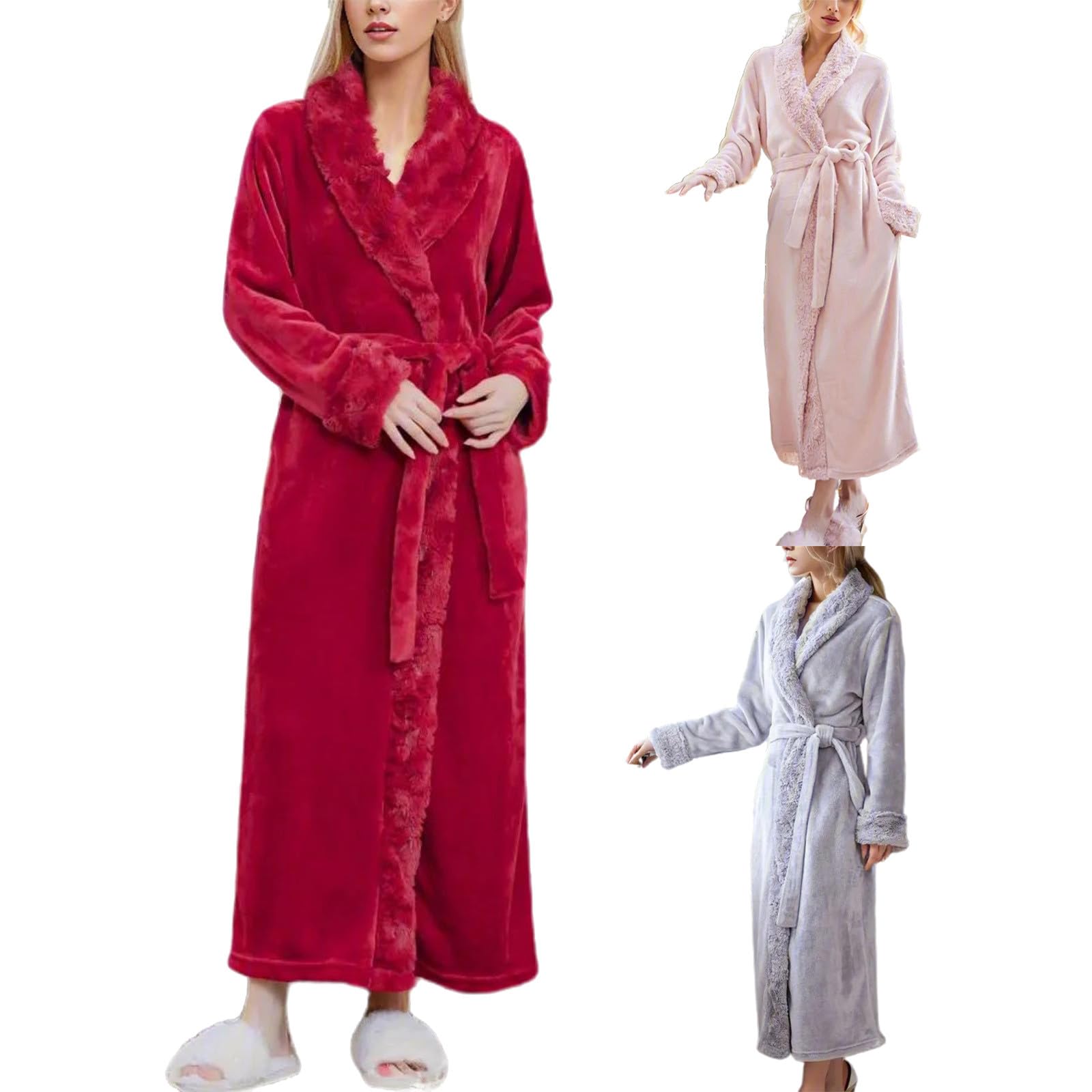 Generisch Camicia da notte da donna in flanella, con colletto in peluche, morbido pile, lungo, termico, con tasche, autunno, inverno, negligee