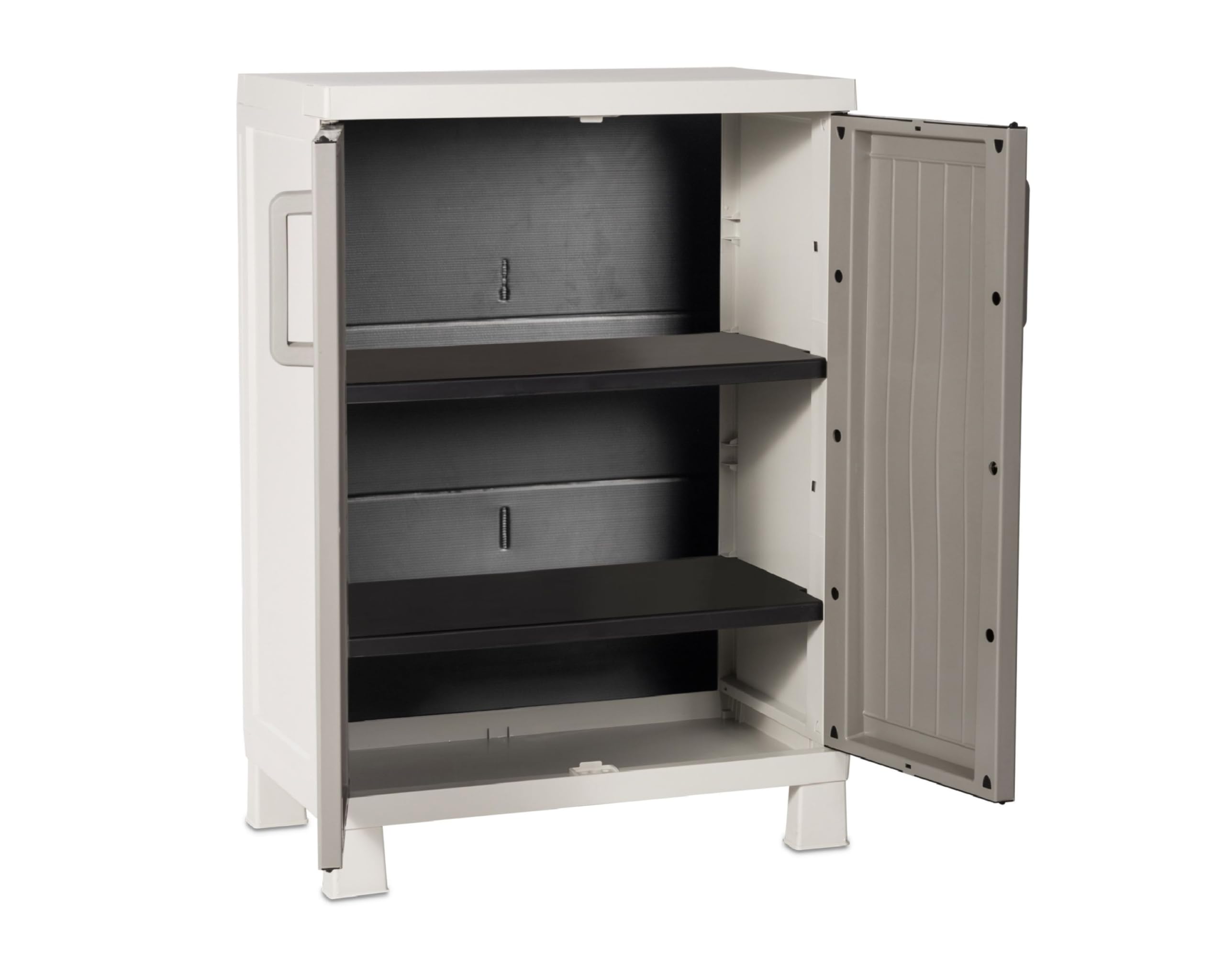 Toomax Armadio Wood Midi Basso 65x37x93h cm in plastica resistente effetto legno grigio tortora/grigio chiaro, con 2 ripiani regolabili e piedini, ideale per garage, cantine e spazi interni