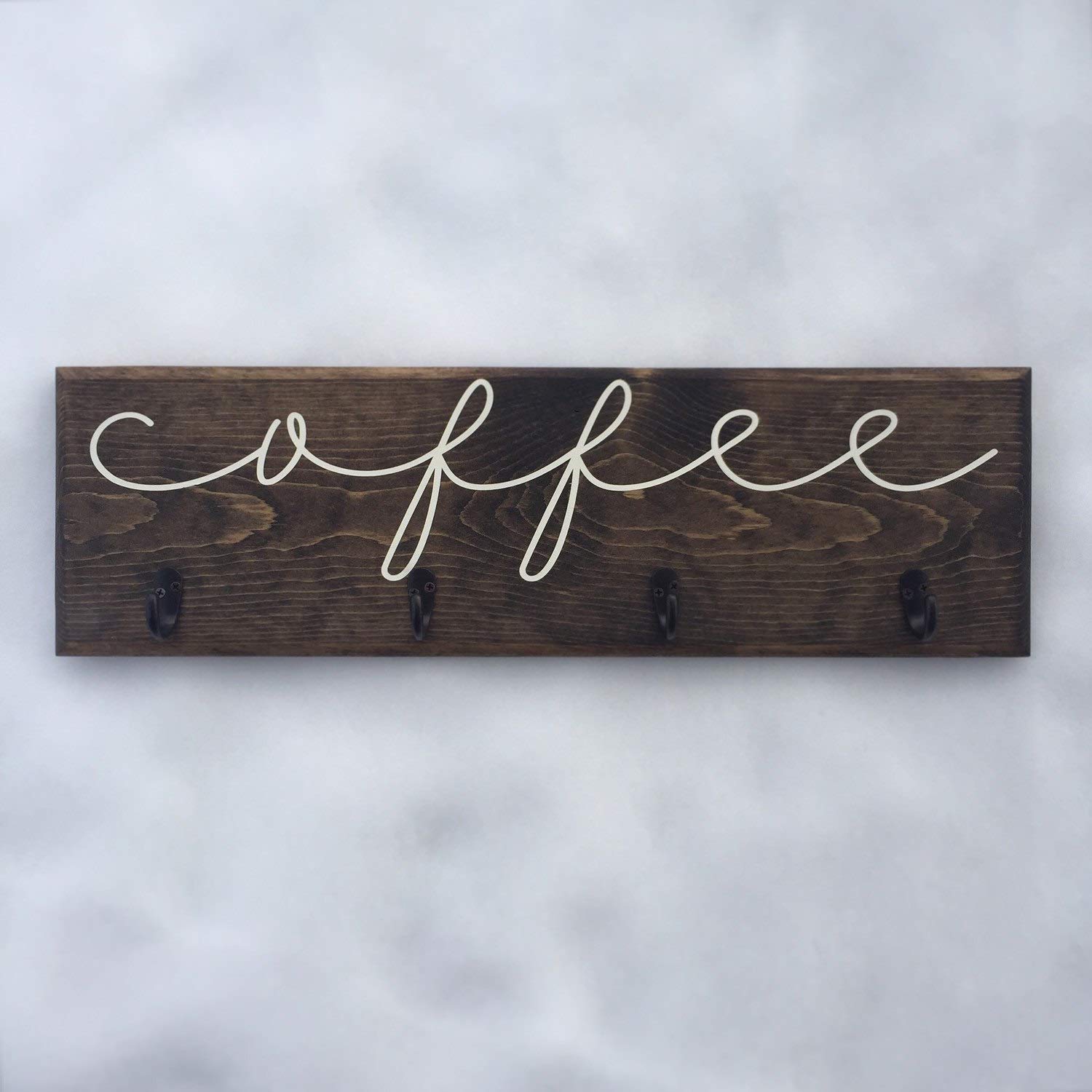 Toll2452 Cursive Coffee Cup Rack Handwritten Font Coffee Sign with Hooks Custom Kitchen Decor Mug Hanger Wood Sign Wall Art