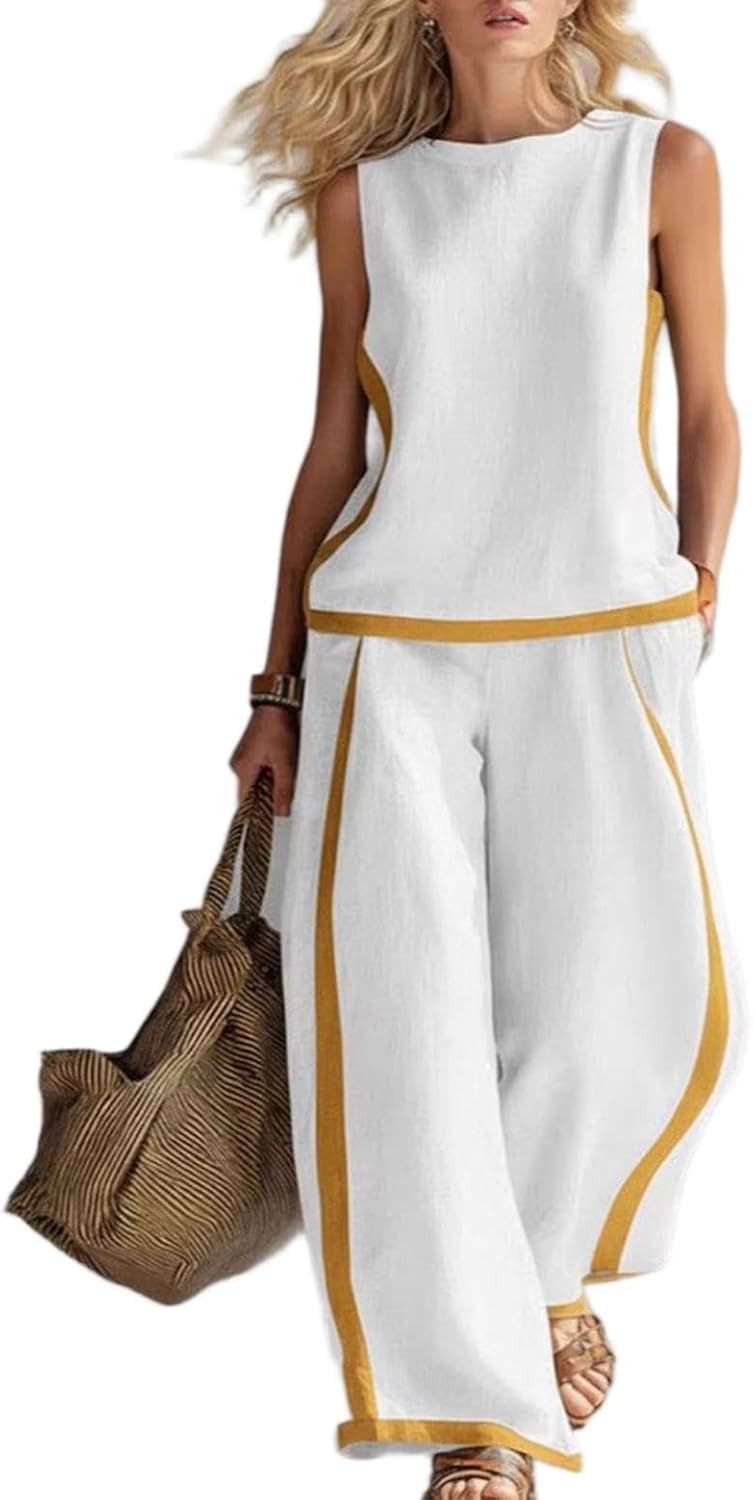 Women's Summer 2 Piece Linen Set Sleeveless Vest Top Wide Leg Barrel Pant Suits Two Piece Casual Outfits