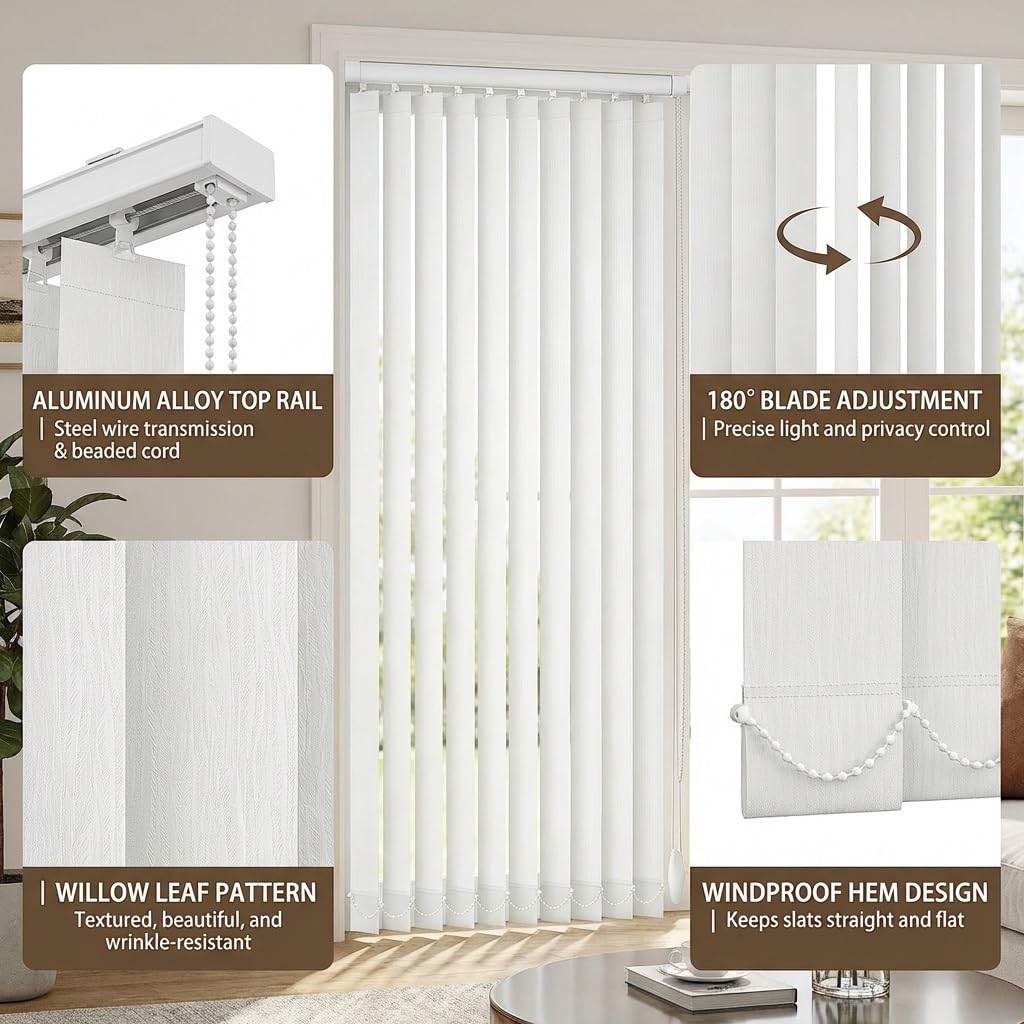 Tende Verticali Oscuranti in Tessuto per Finestre Grandi, Tende a Lamelle Verticali in Tessuto Bianco con Isolamento Termico, 60-250cm Veneziane per Ufficio o Casa, Protezione Privacy(W110xH220cm)