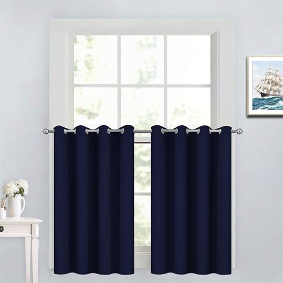 Yakamok 36 Inch Blackout Curtains for Kitchen, Sunlight Block Energy Saving Drapes for Bedroom Bathroom Room Darkening Window Treatment Panels, Navy Blue, 52Wx36L, 2 Panels