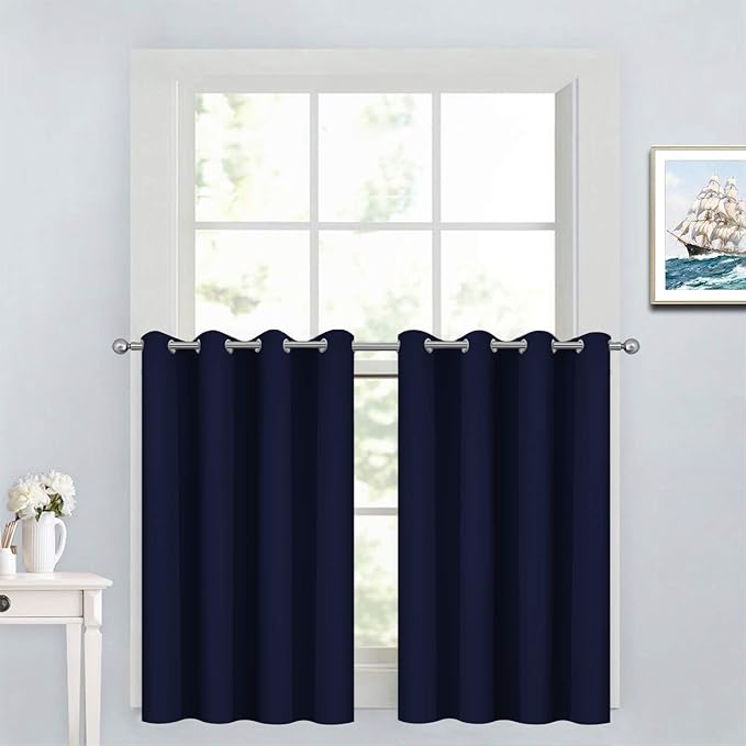 Yakamok 36 Inch Blackout Curtains for Kitchen, Sunlight Block Energy Saving Drapes for Bedroom Bathroom Room Darkening Window Treatment Panels, Navy Blue, 52Wx36L, 2 Panels