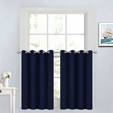 Yakamok 36 Inch Blackout Curtains for Kitchen, Sunlight Block Energy Saving Drapes for Bedroom Bathroom Room Darkening Window Treatment Panels, Navy Blue, 52Wx36L, 2 Panels